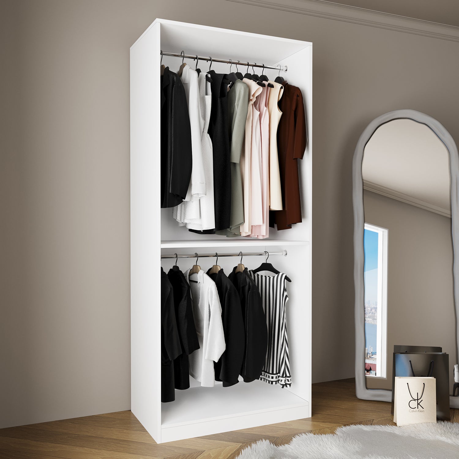 Bimossa KA70 Goss Tekli Kapaksız Gardırop, 2 Askılı Açık Giyinme Dolabı, Modern Tasarım Beyaz Elbise Dolabı