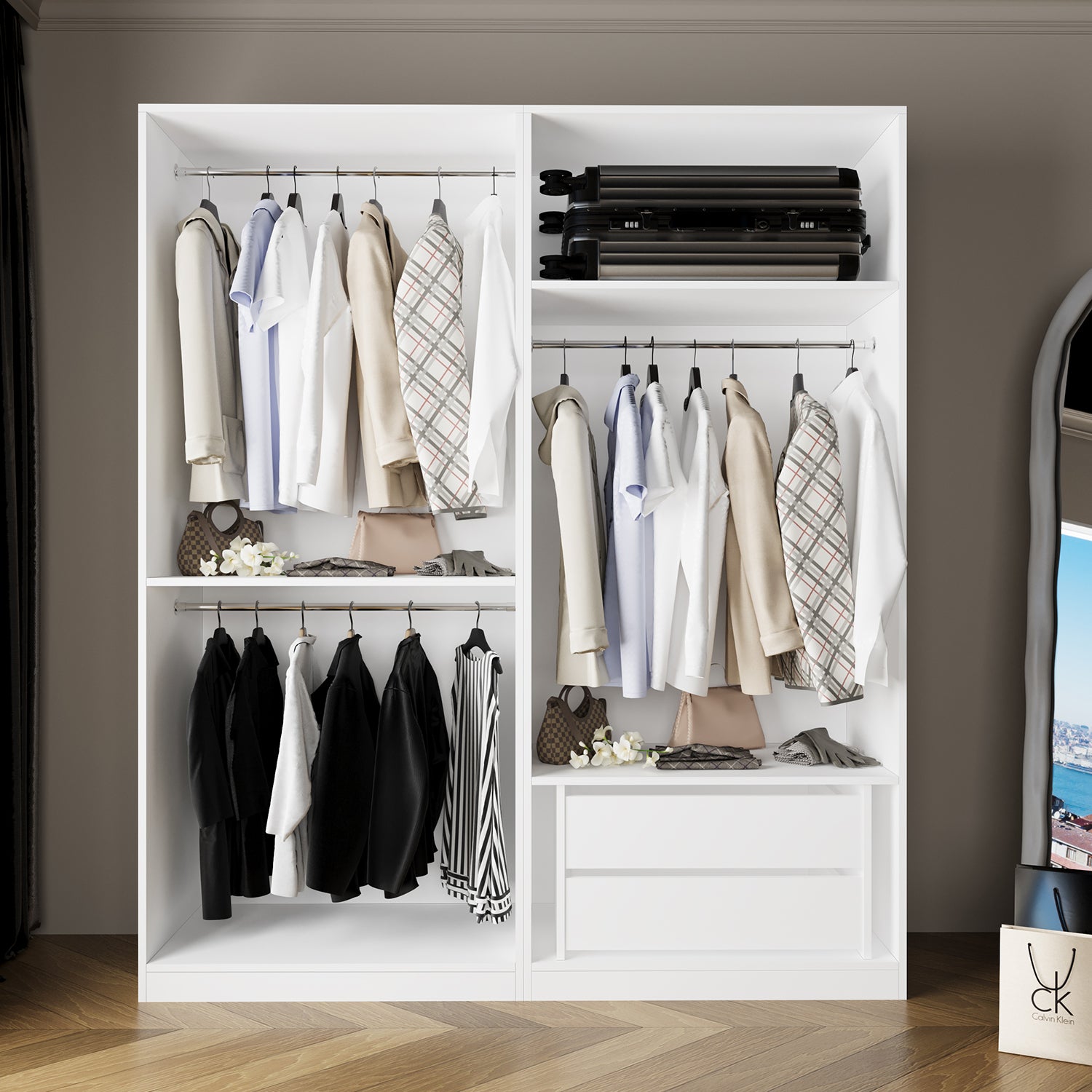 Bimossa KC70 Goss 180 cm İkili Geniş Çift Askılı ve 2 Çekmeceli Açık Gardırop, Kapaksız Beyaz Elbise Dolabı