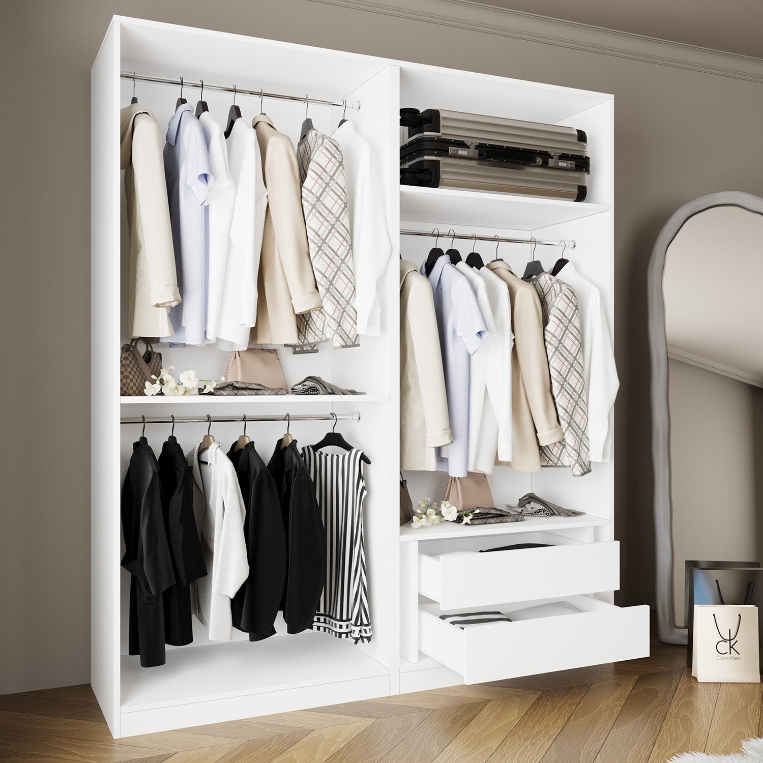 Bimossa KC70 Goss 180 cm İkili Geniş Çift Askılı ve 2 Çekmeceli Açık Gardırop, Kapaksız Beyaz Elbise Dolabı