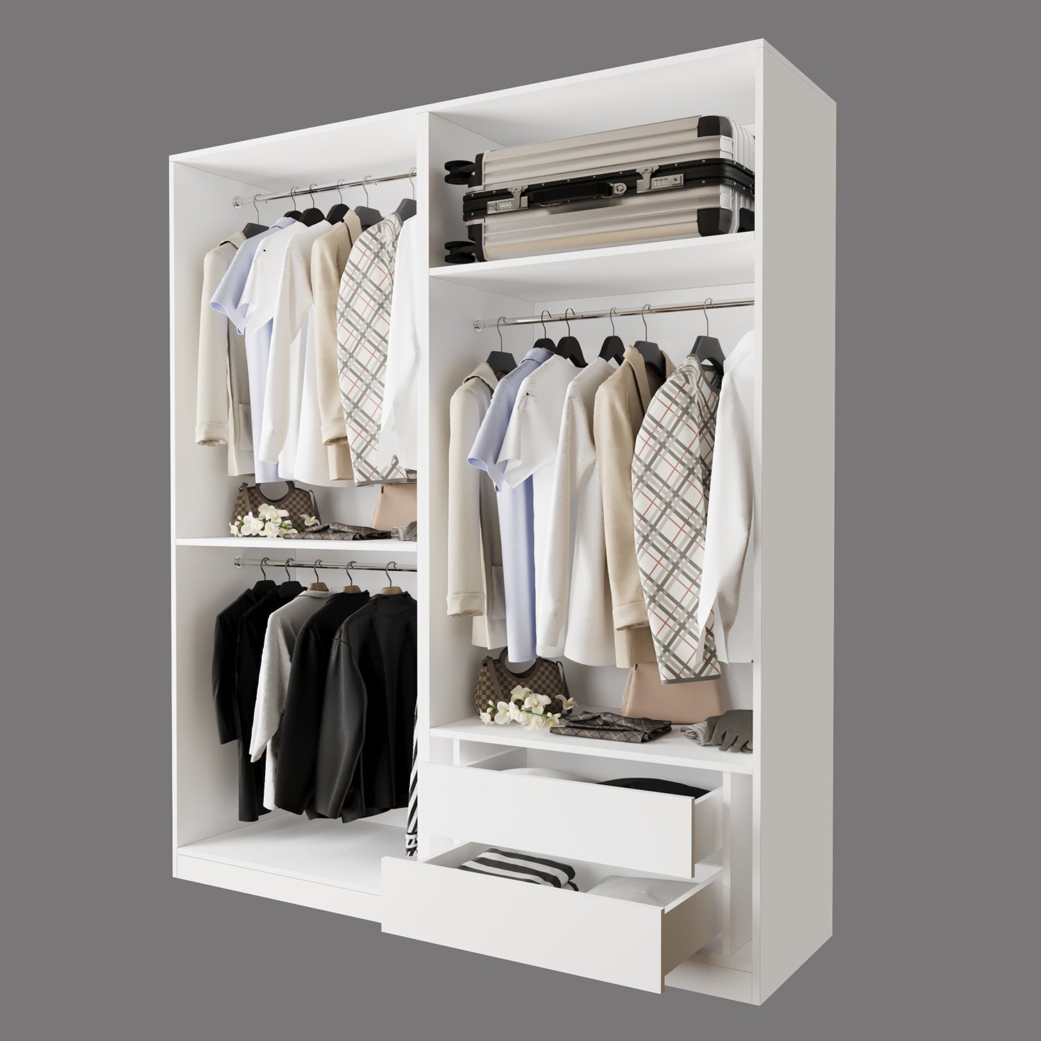 Bimossa KC70 Goss 180 cm İkili Geniş Çift Askılı ve 2 Çekmeceli Açık Gardırop, Kapaksız Beyaz Elbise Dolabı