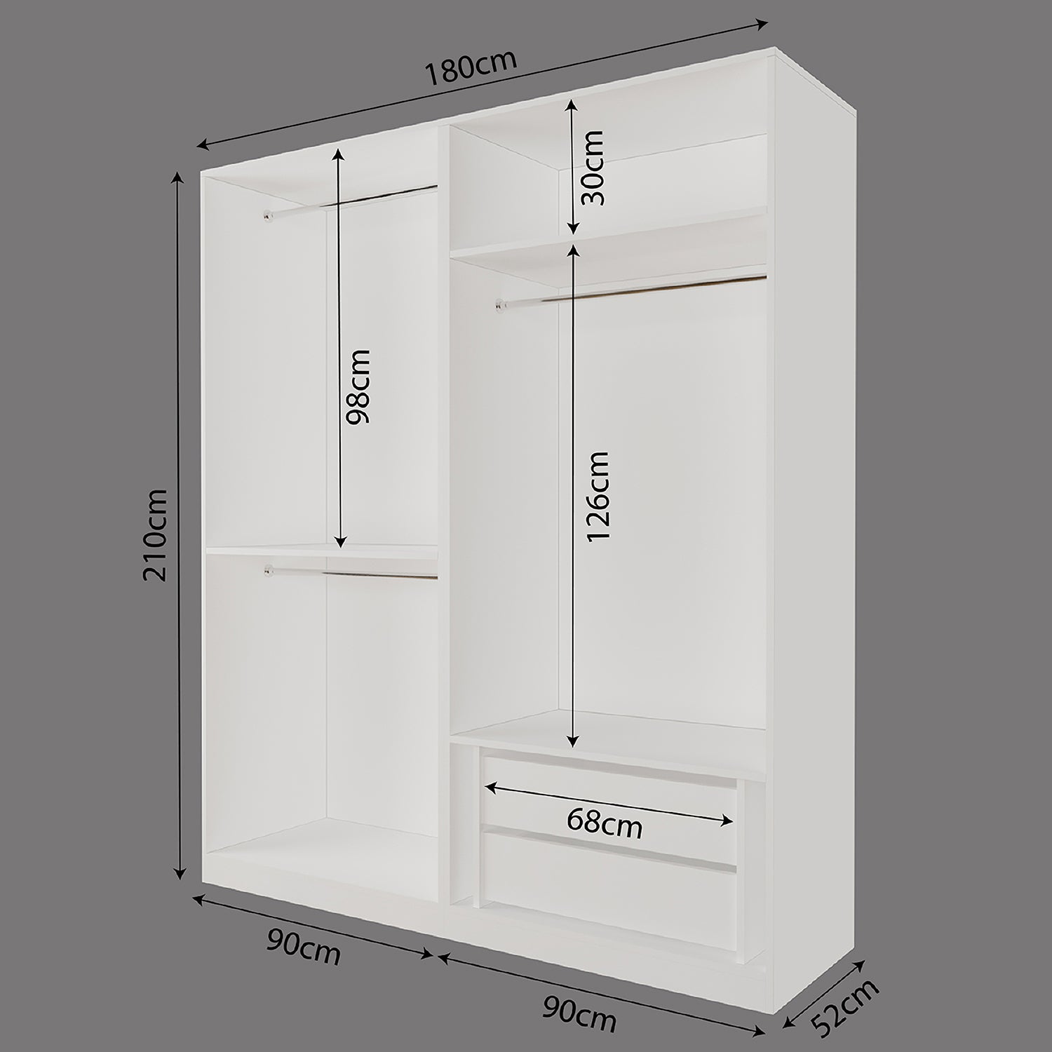 Bimossa KC80 Goss 180 cm İkili Geniş 4 Kapaklı, Askılı ve Çekmeceli Elbise Dolabı, Modern Beyaz Kapaklı Gardırop