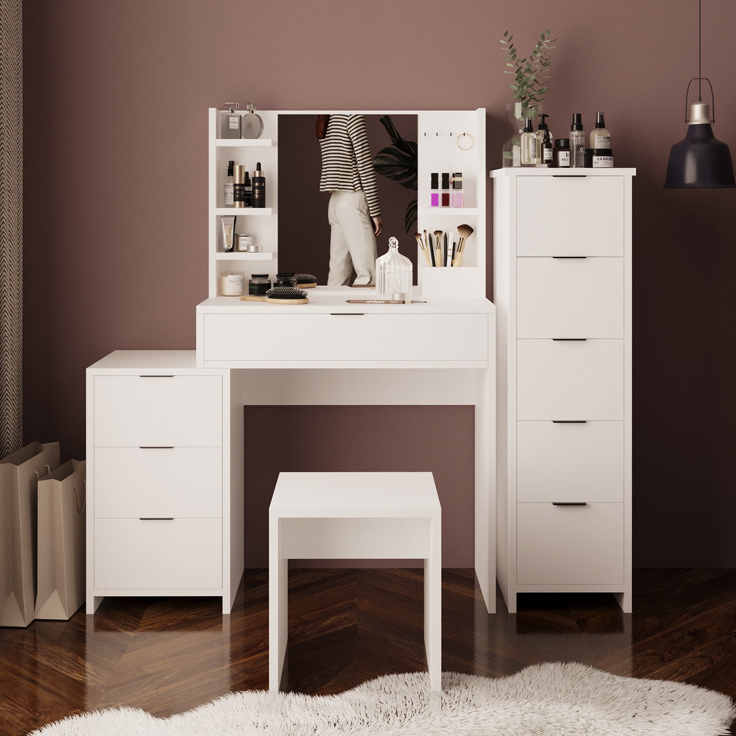 Bimossa U30 İzabel Çekmeceli Tabureli Dolaplı Makyaj Masası