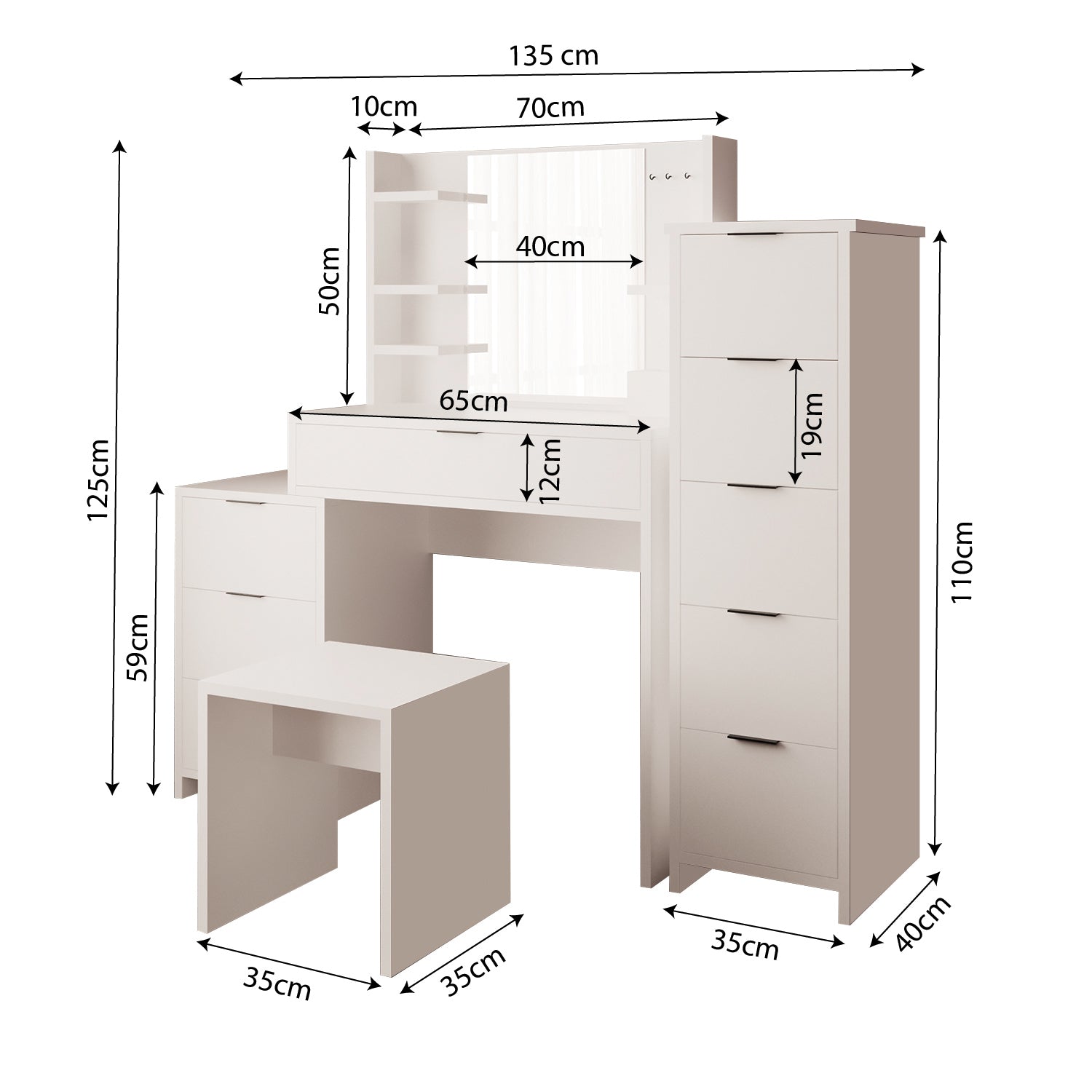 Bimossa U30 İzabel Çekmeceli Tabureli Dolaplı Makyaj Masası