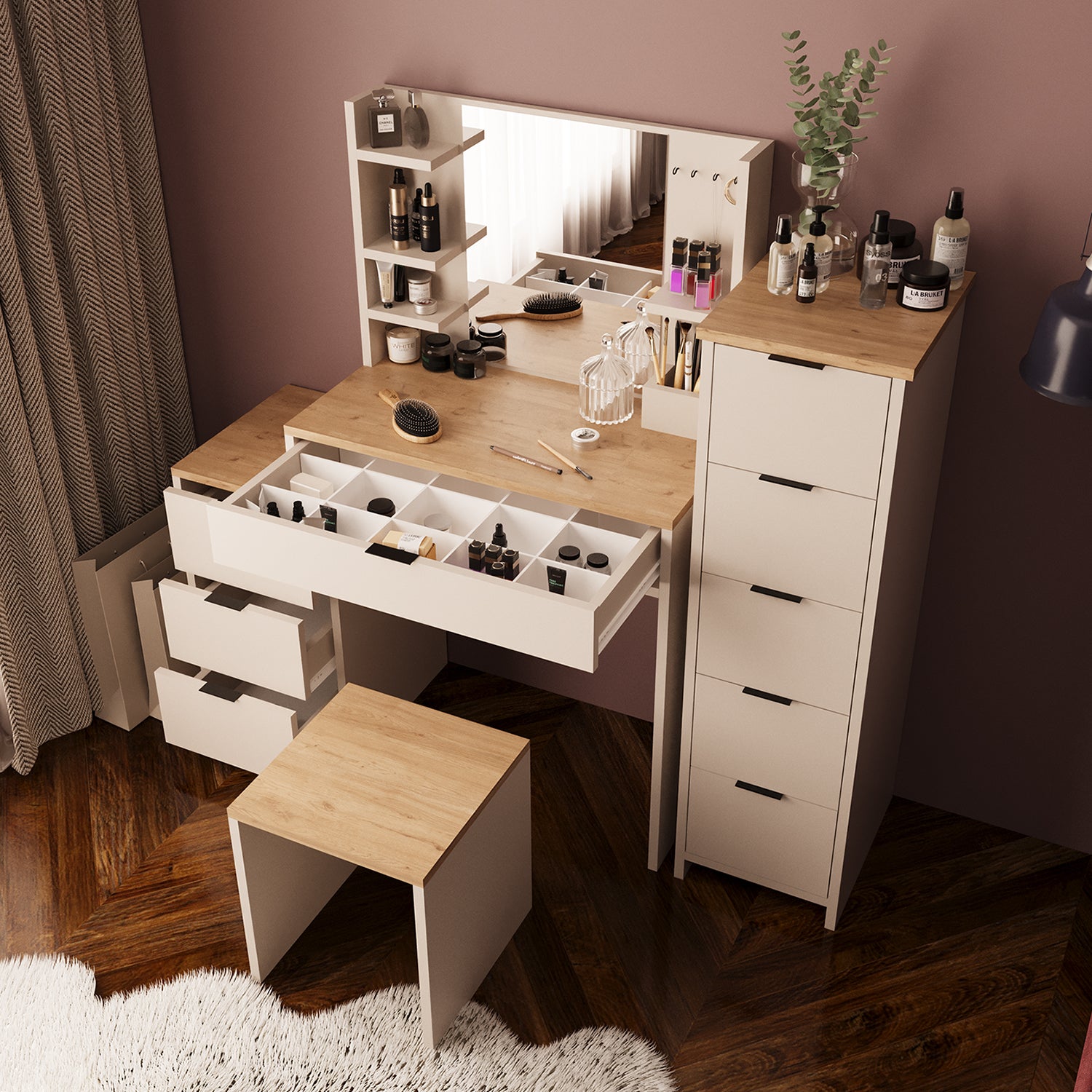 Bimossa U30 İzabel Çekmeceli Tabureli Dolaplı Makyaj Masası