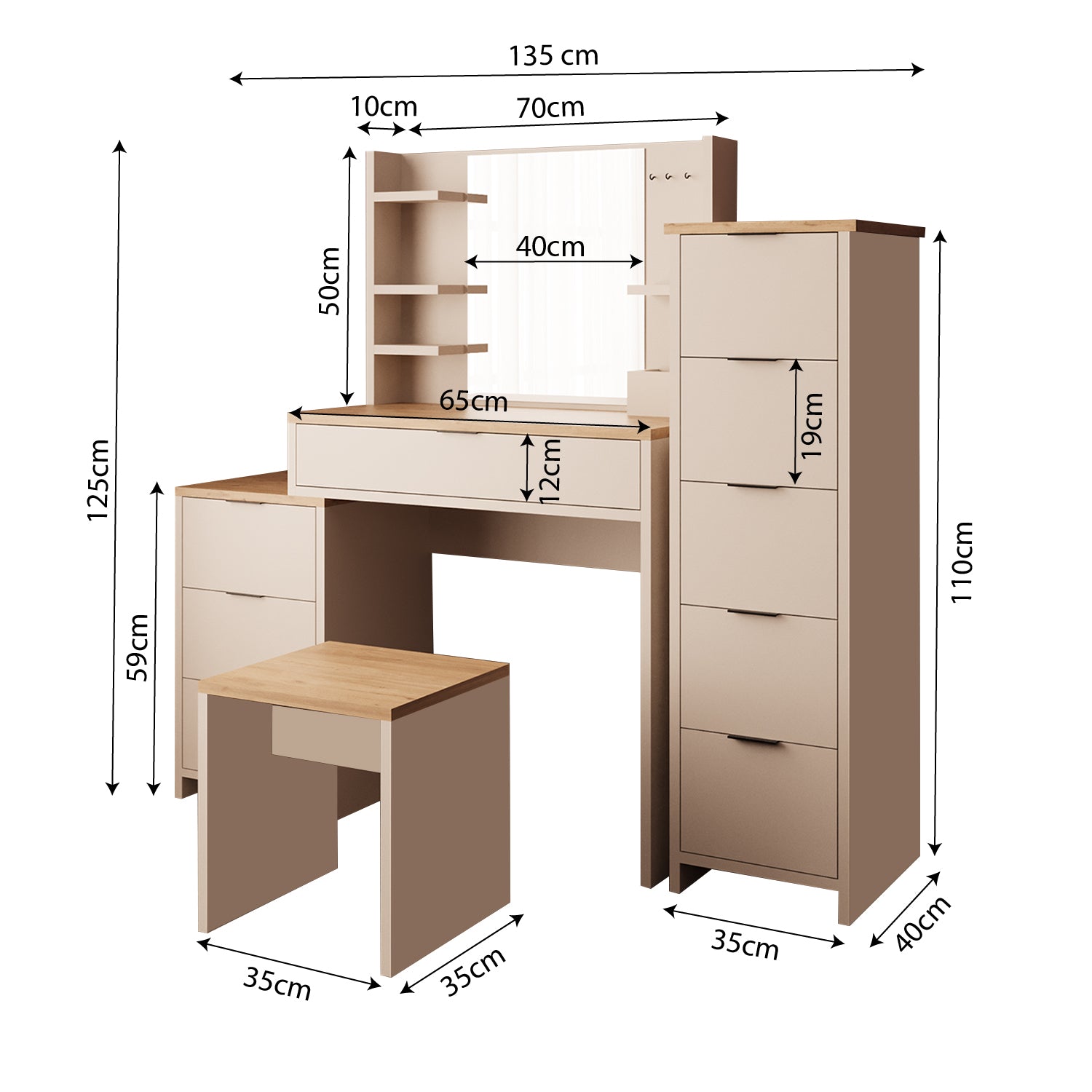 Bimossa U30 İzabel Çekmeceli Tabureli Dolaplı Makyaj Masası