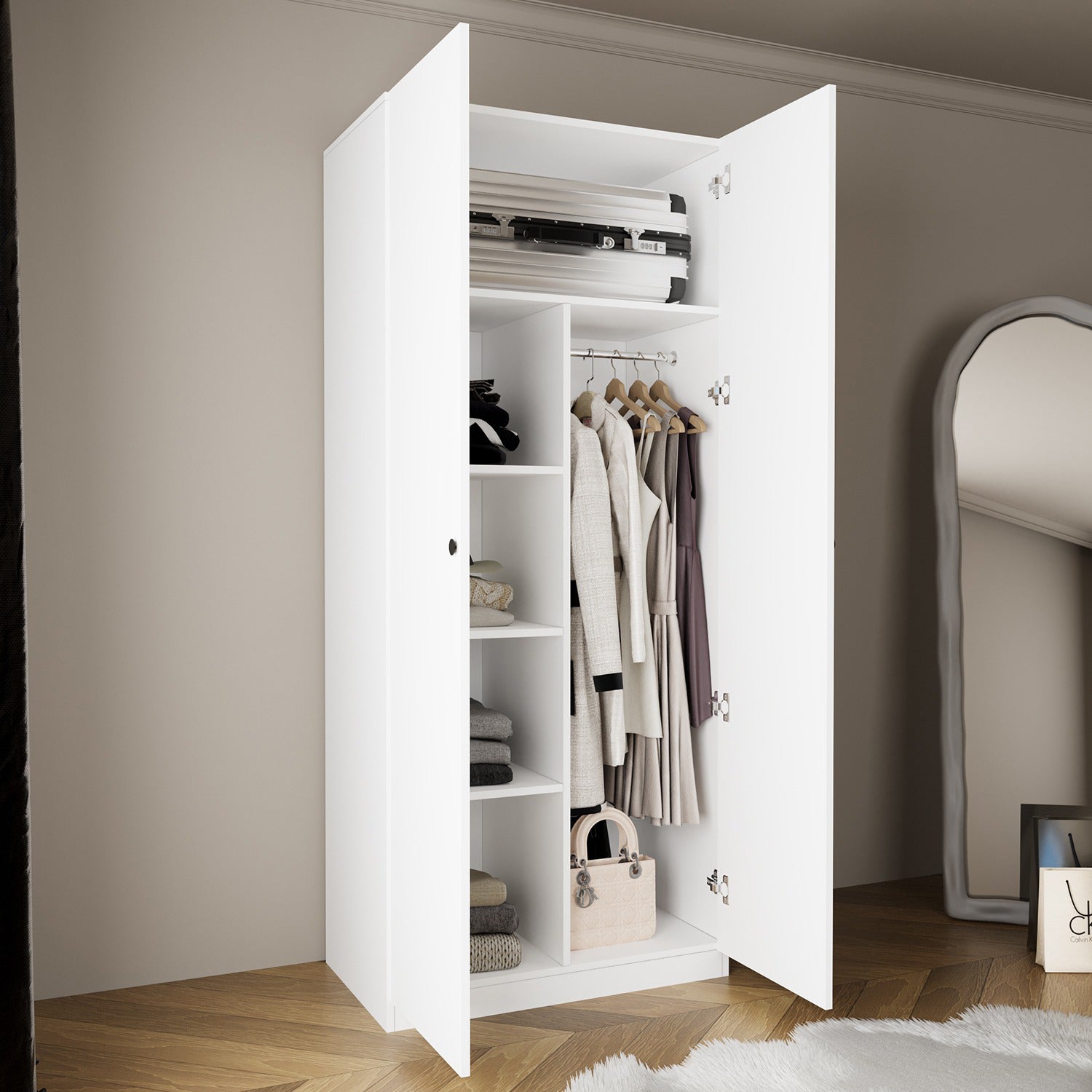 Bimossa KA40 Goss Tekli 2 Kapaklı, Modern Kapaklı Gardırop, Boy Askılı, Raflı Beyaz Elbise Dolabı