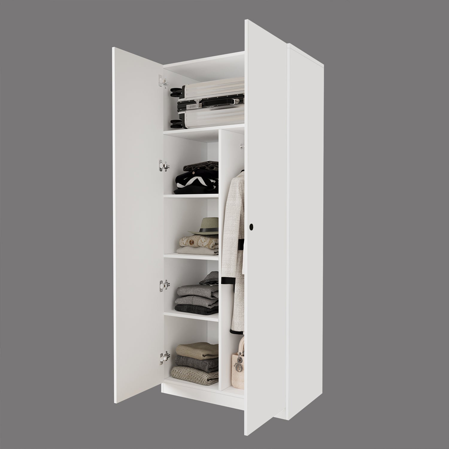 Bimossa KA40 Goss Tekli 2 Kapaklı, Modern Kapaklı Gardırop, Boy Askılı, Raflı Beyaz Elbise Dolabı