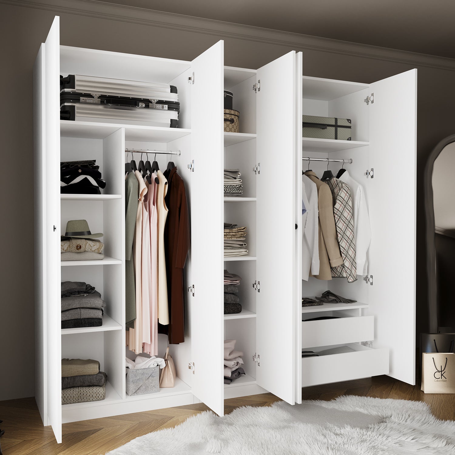 Bimossa KD40 Goss 225 cm Üçlü Dar, 5 Kapaklı Gardırop, 1 Askılı, 2 Çekmeceli, 9 Raflı Beyaz Giysi Dolabı