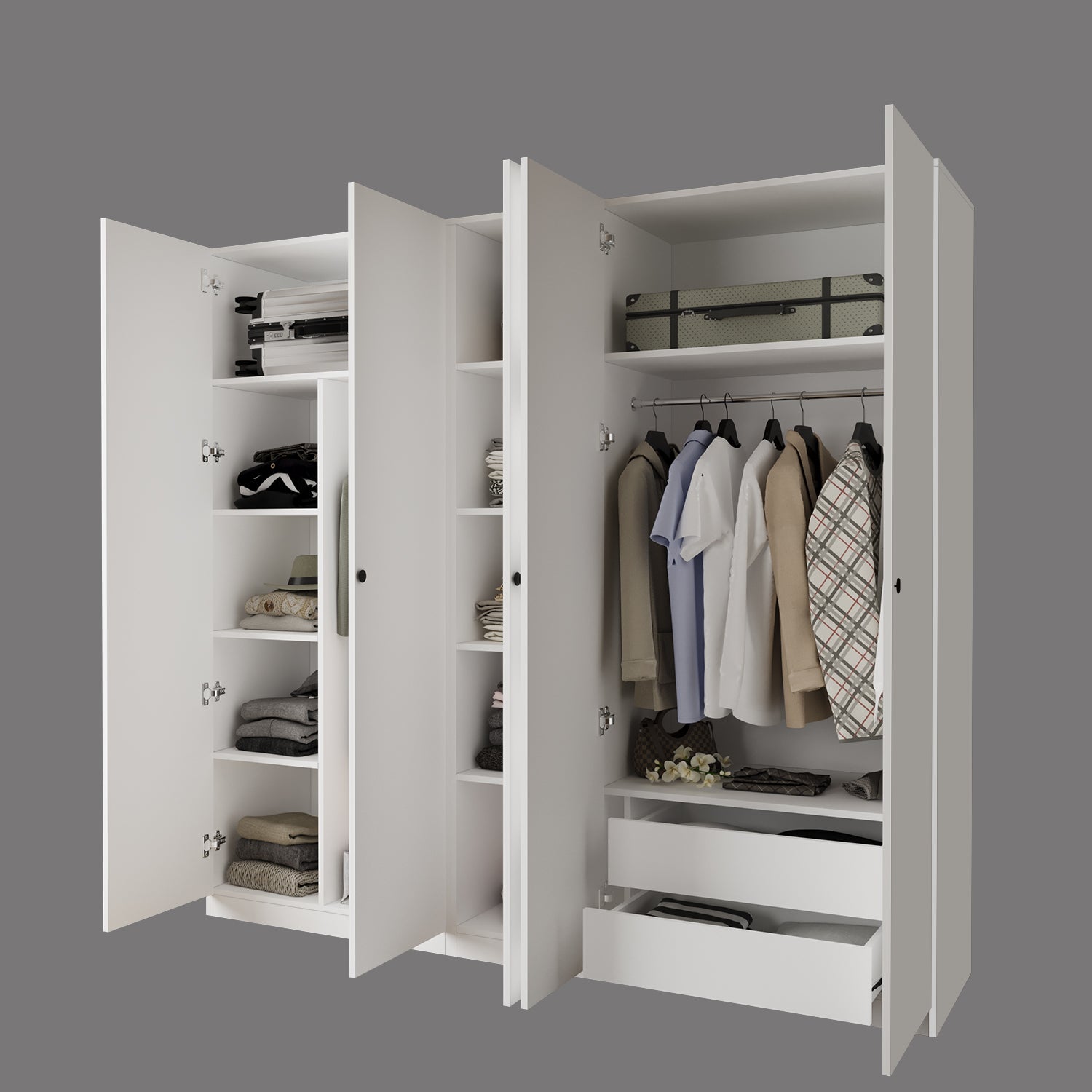 Bimossa KD40 Goss 225 cm Üçlü Dar, 5 Kapaklı Gardırop, 1 Askılı, 2 Çekmeceli, 9 Raflı Beyaz Giysi Dolabı