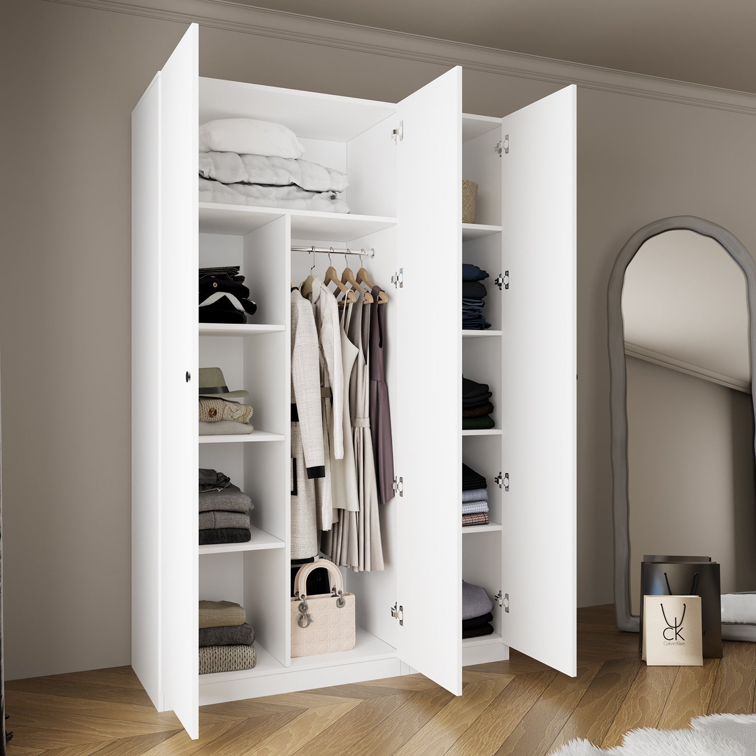 Bimossa KB40 Goss 135 cm İkili 3 Kapaklı, Boy Askılı, Yüklüklü, 9 Raflı Elbise Dolabı, Modern Beyaz Kapaklı Gardırop