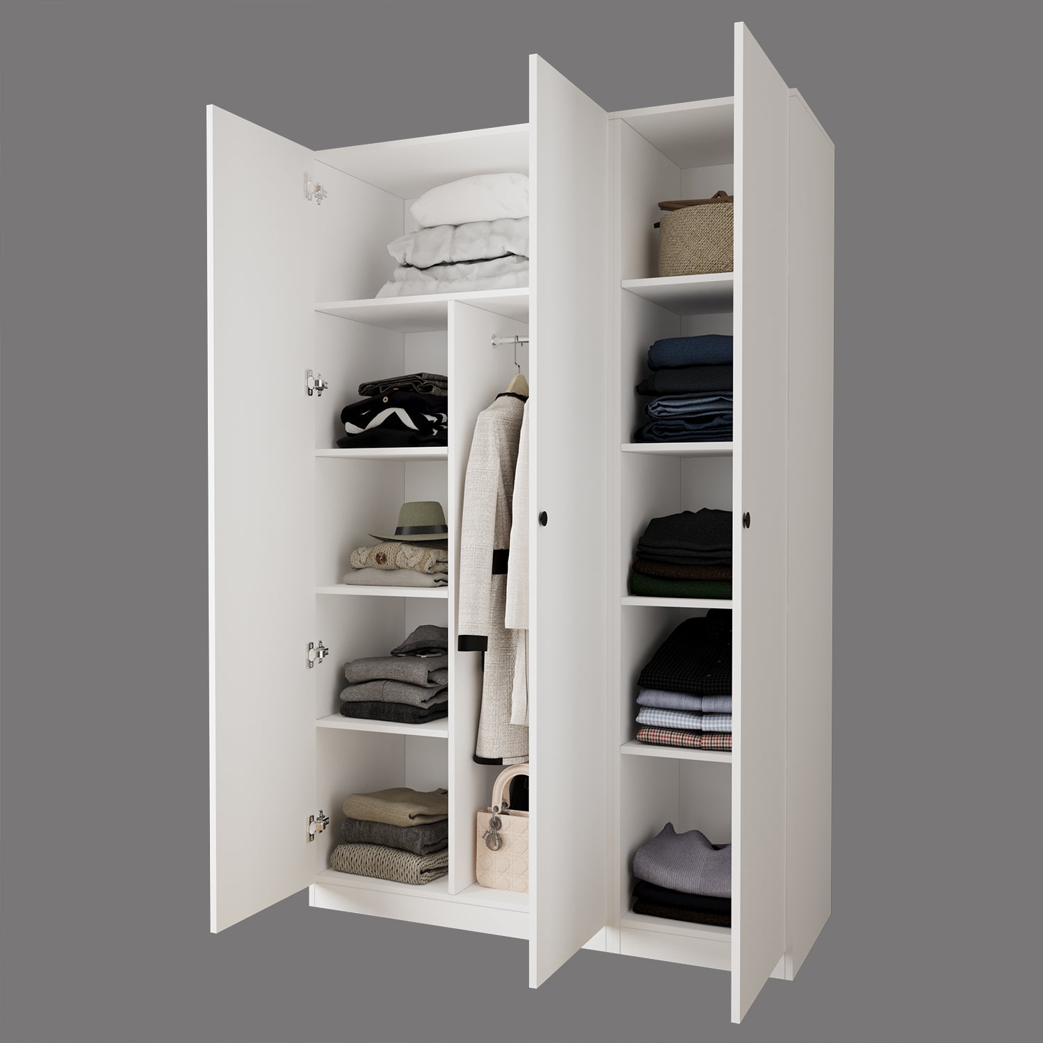 Bimossa KB40 Goss 135 cm İkili 3 Kapaklı, Boy Askılı, Yüklüklü, 9 Raflı Elbise Dolabı, Modern Beyaz Kapaklı Gardırop