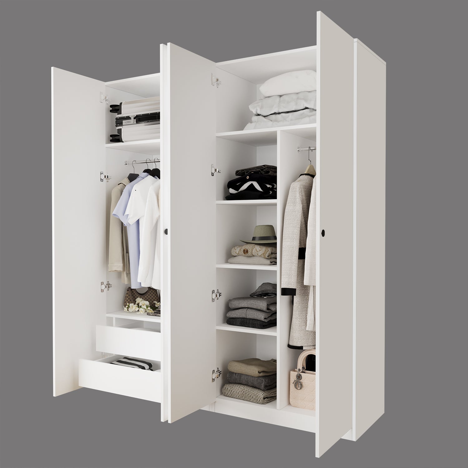 Bimossa KC60 Goss 180 cm İkili Geniş 4 Kapaklı, 2 Çekmeceli, 2 Askılı ve 2 Yüklüklü, Yatak Odası Dolabı, Beyaz Kapaklı Gardırop