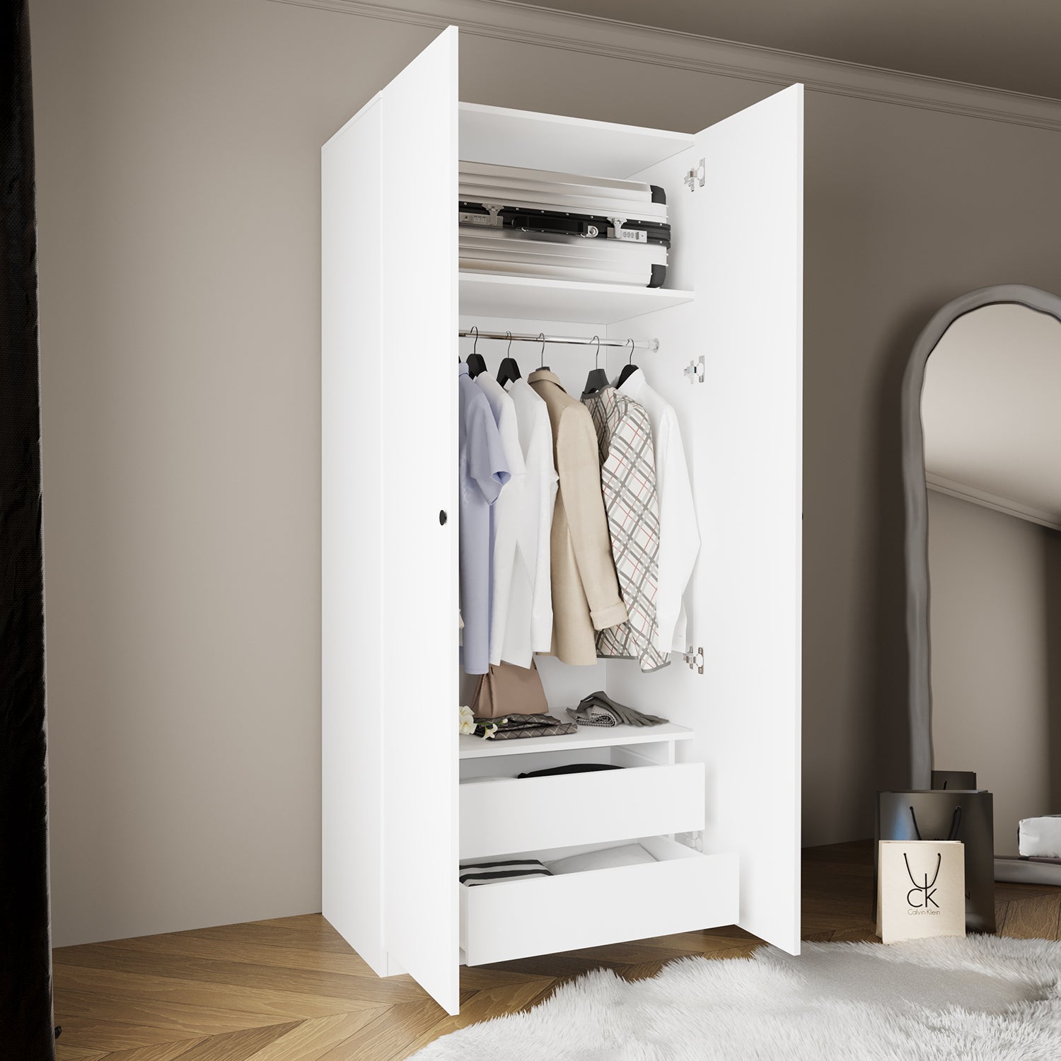 Bimossa KA60 Goss Tekli 2 Kapaklı Gardırop, 2 Çekmeceli, Askılı ve Raflı Elbise Dolabı, Modern Beyaz Yatak Odası Gardırobu