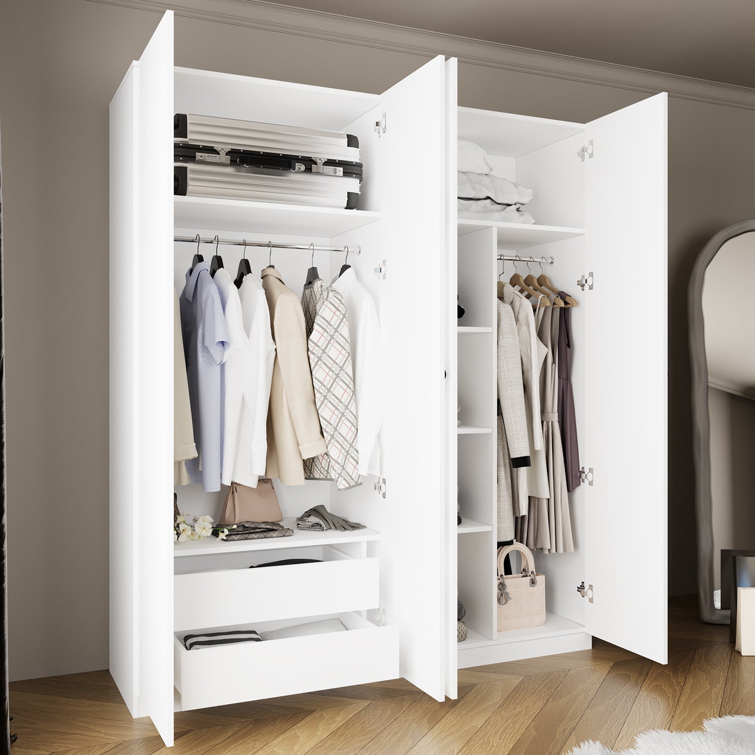 Bimossa KC60 Goss 180 cm İkili Geniş 4 Kapaklı, 2 Çekmeceli, 2 Askılı ve 2 Yüklüklü, Yatak Odası Dolabı, Beyaz Kapaklı Gardırop