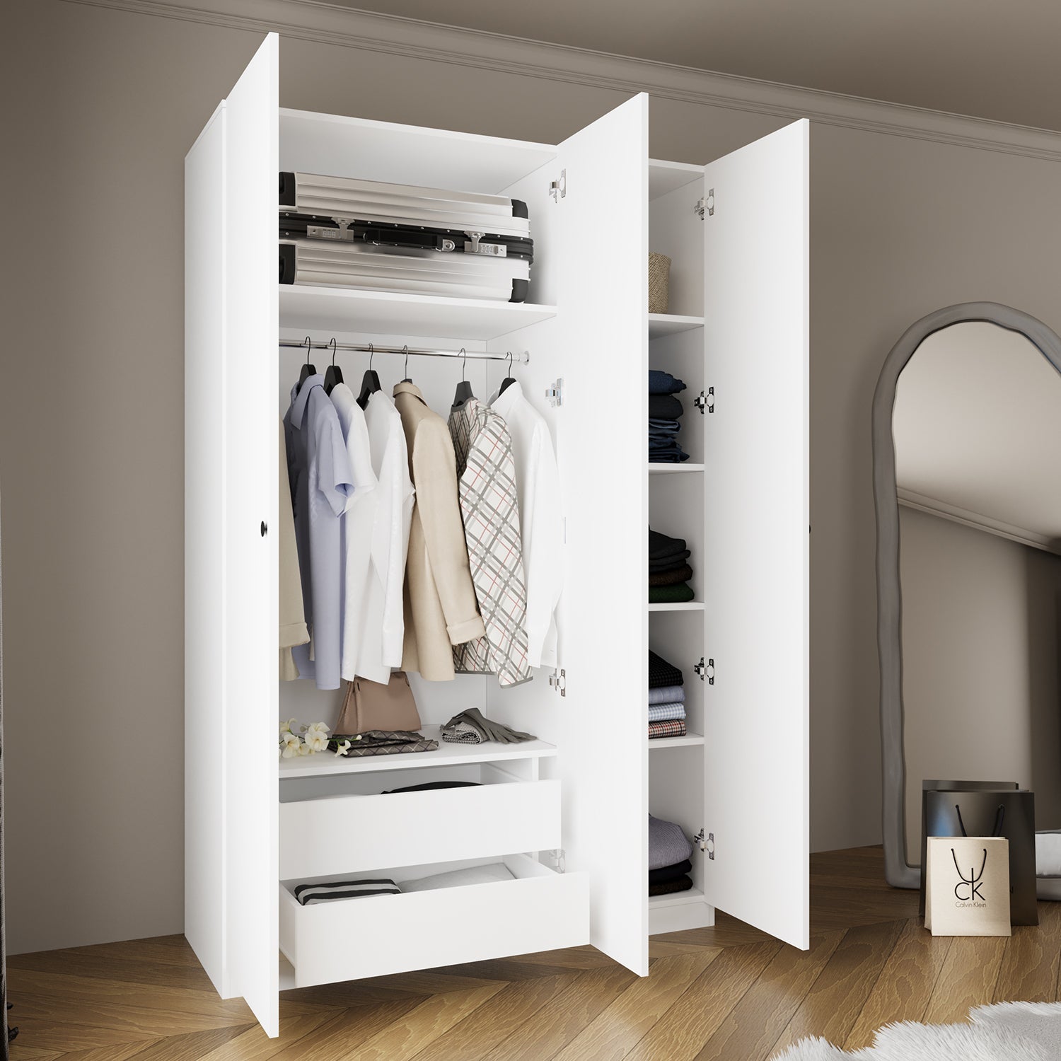 Bimossa KB60 Goss 135 cm İkili 3 Kapaklı, 2 Çekmeceli, 5 Raflı ve Askılı Elbise ve Yüklük Dolabı, Modern Beyaz Kapaklı Gardırop