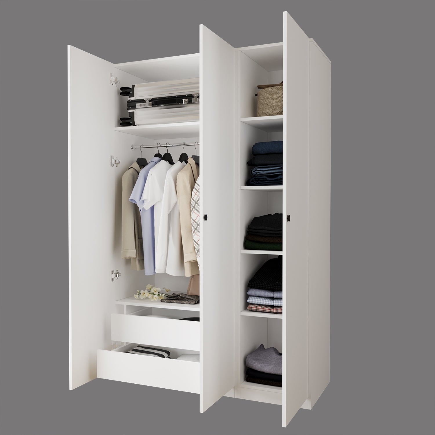 Bimossa KB60 Goss 135 cm İkili 3 Kapaklı, 2 Çekmeceli, 5 Raflı ve Askılı Elbise ve Yüklük Dolabı, Modern Beyaz Kapaklı Gardırop
