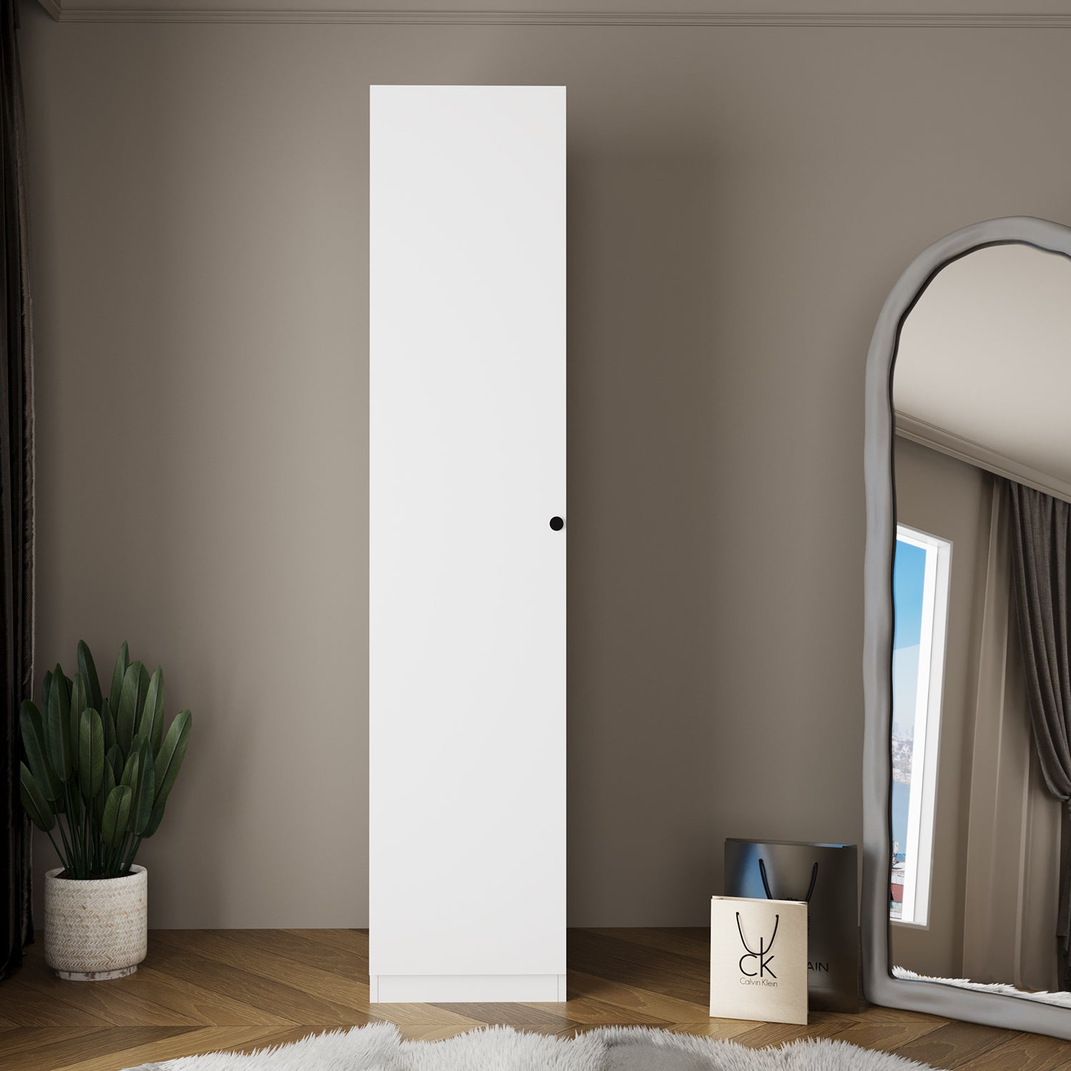 Bimossa KA20 Goss Tekli Tek Kapaklı Dar Raflı Gardırop, Siyah Kulplu, 5 Raflı, Sağ / Sol Kapak Seçenekli, Beyaz Dolap