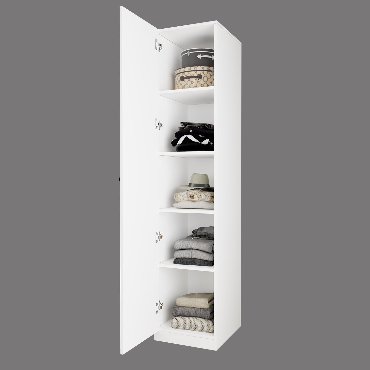 Bimossa KA20 Goss Tekli Tek Kapaklı Dar Raflı Gardırop, Siyah Kulplu, 5 Raflı, Sağ / Sol Kapak Seçenekli, Beyaz Dolap