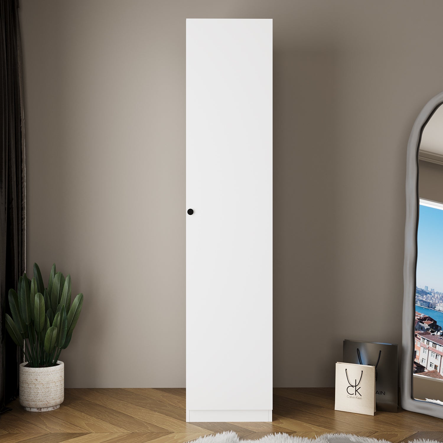 Bimossa KA20 Goss Tekli Tek Kapaklı Dar Raflı Gardırop, Siyah Kulplu, 5 Raflı, Sağ / Sol Kapak Seçenekli, Beyaz Dolap