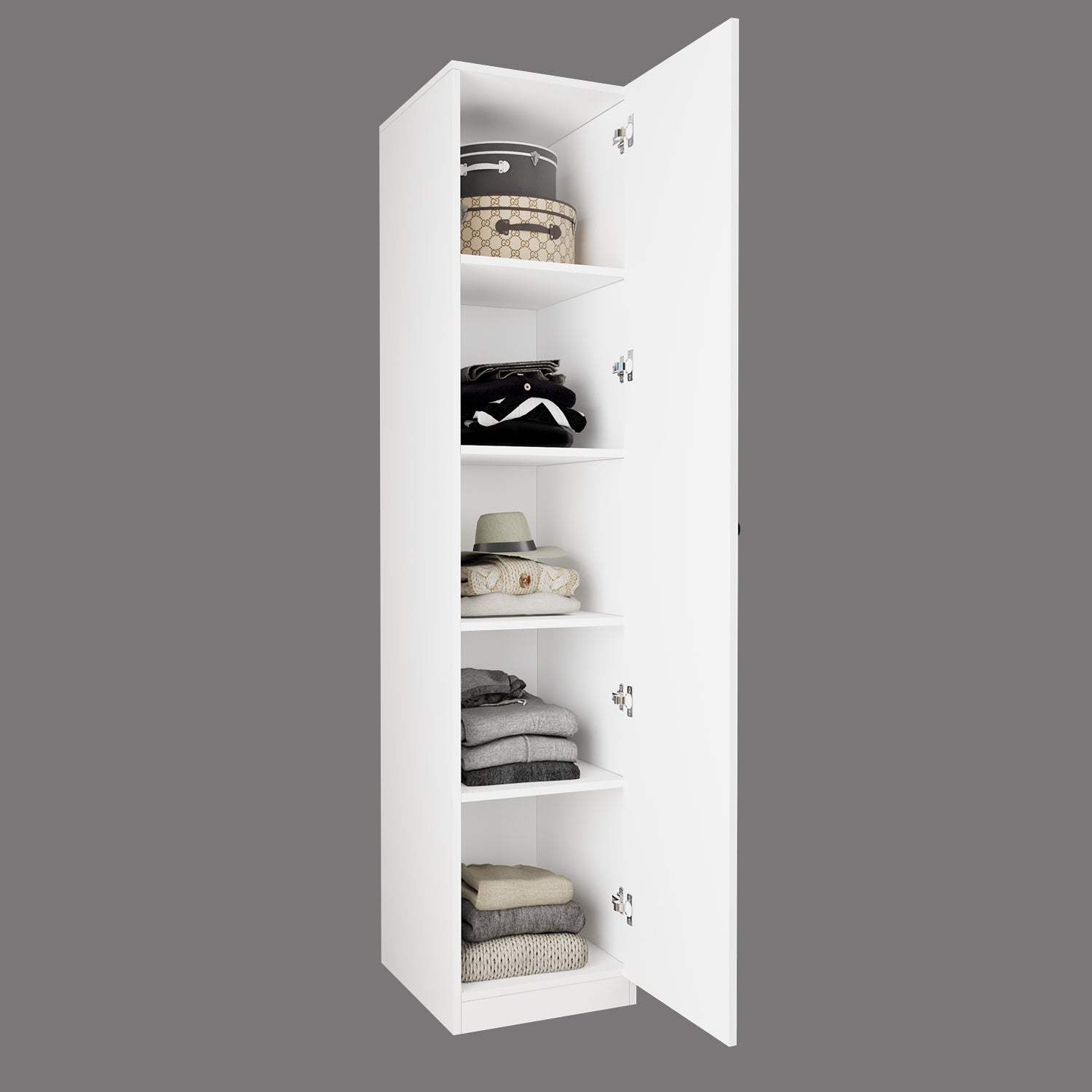 Bimossa KA20 Goss Tekli Tek Kapaklı Dar Raflı Gardırop, Siyah Kulplu, 5 Raflı, Sağ / Sol Kapak Seçenekli, Beyaz Dolap