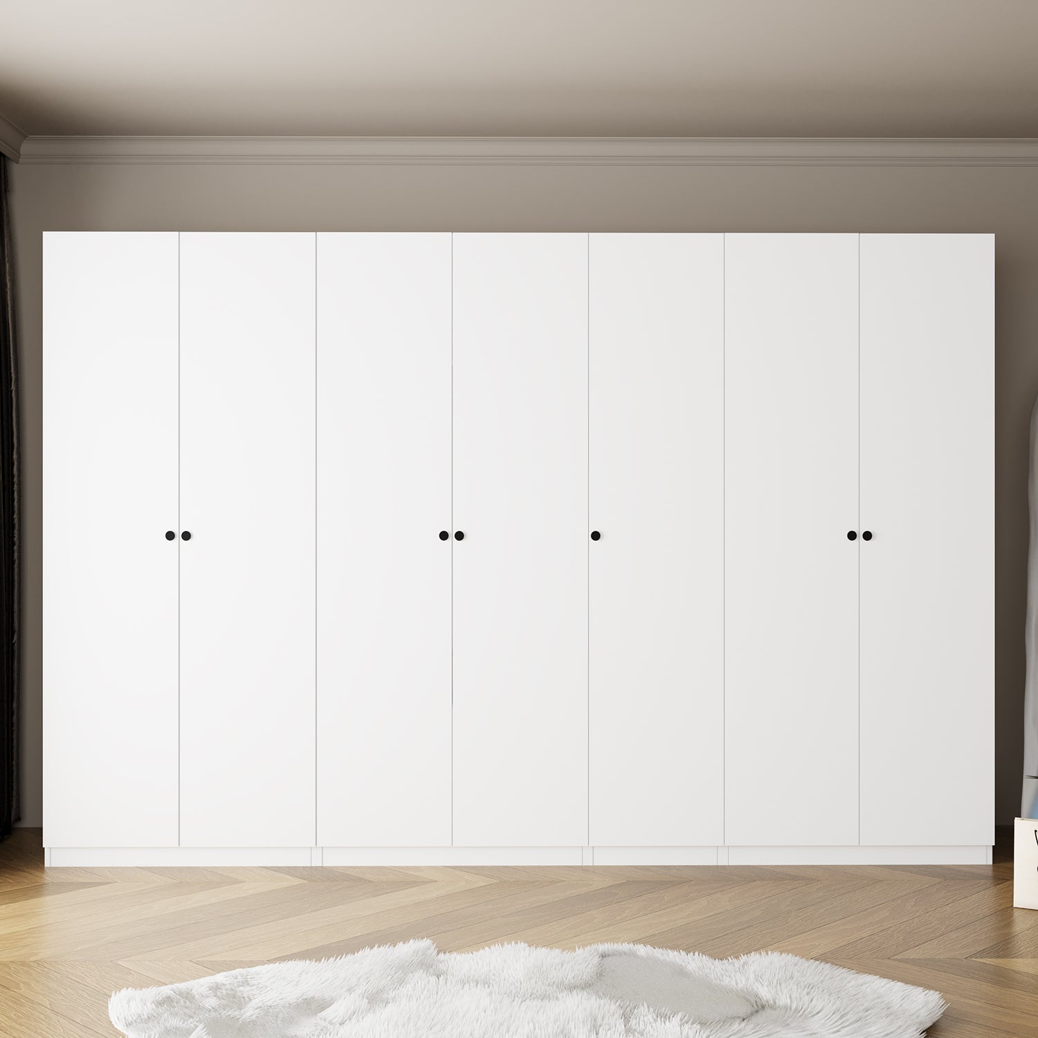 Bimossa KF20 Goss 315 cm Dörtlü, 7 Kapaklı Gardırop, 4 Askılı, 9 Raflı, 2 Üst Yüklüklü ve 2 Çekmeceli Beyaz Yatak Odası Dolabı