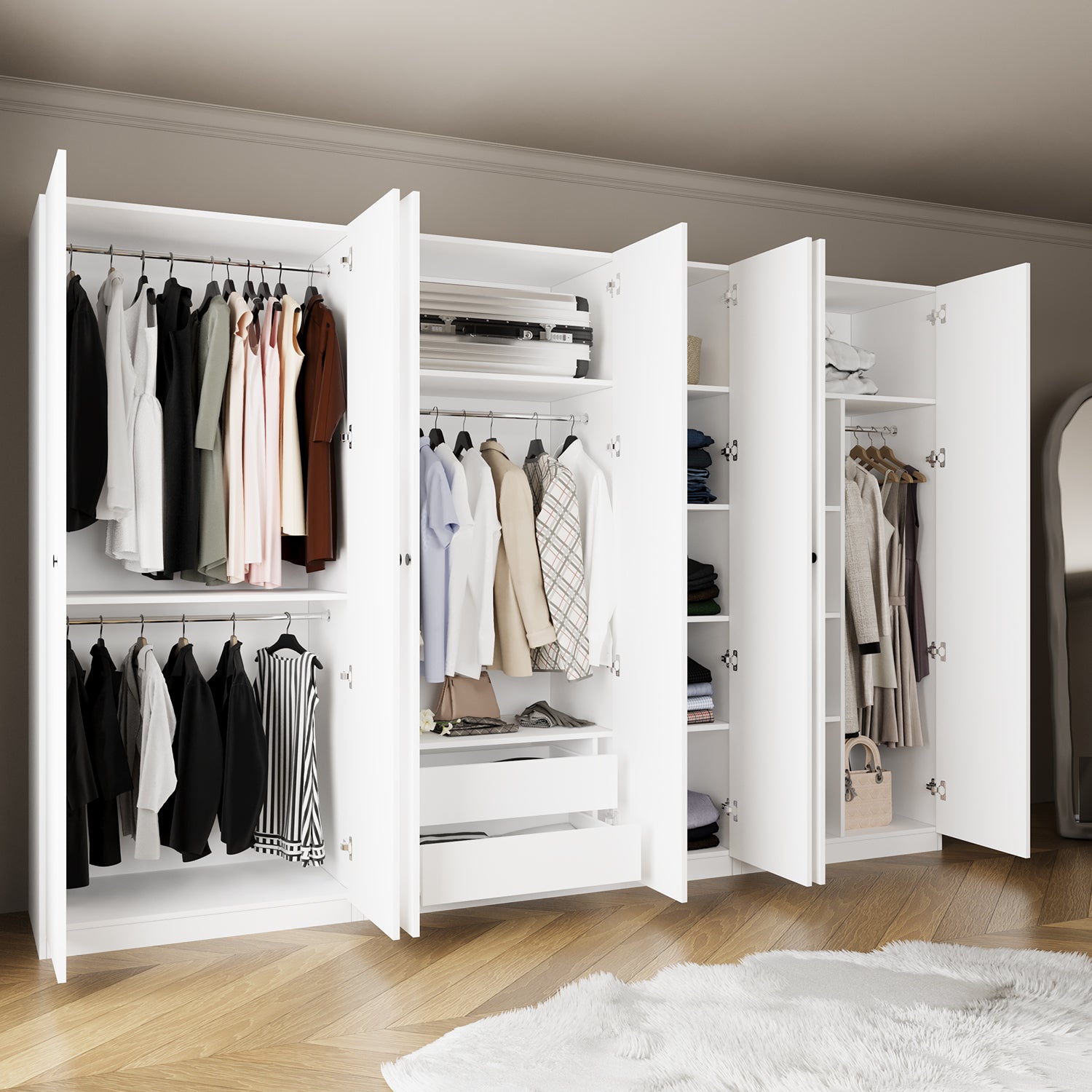 Bimossa KF20 Goss 315 cm Dörtlü, 7 Kapaklı Gardırop, 4 Askılı, 9 Raflı, 2 Üst Yüklüklü ve 2 Çekmeceli Beyaz Yatak Odası Dolabı