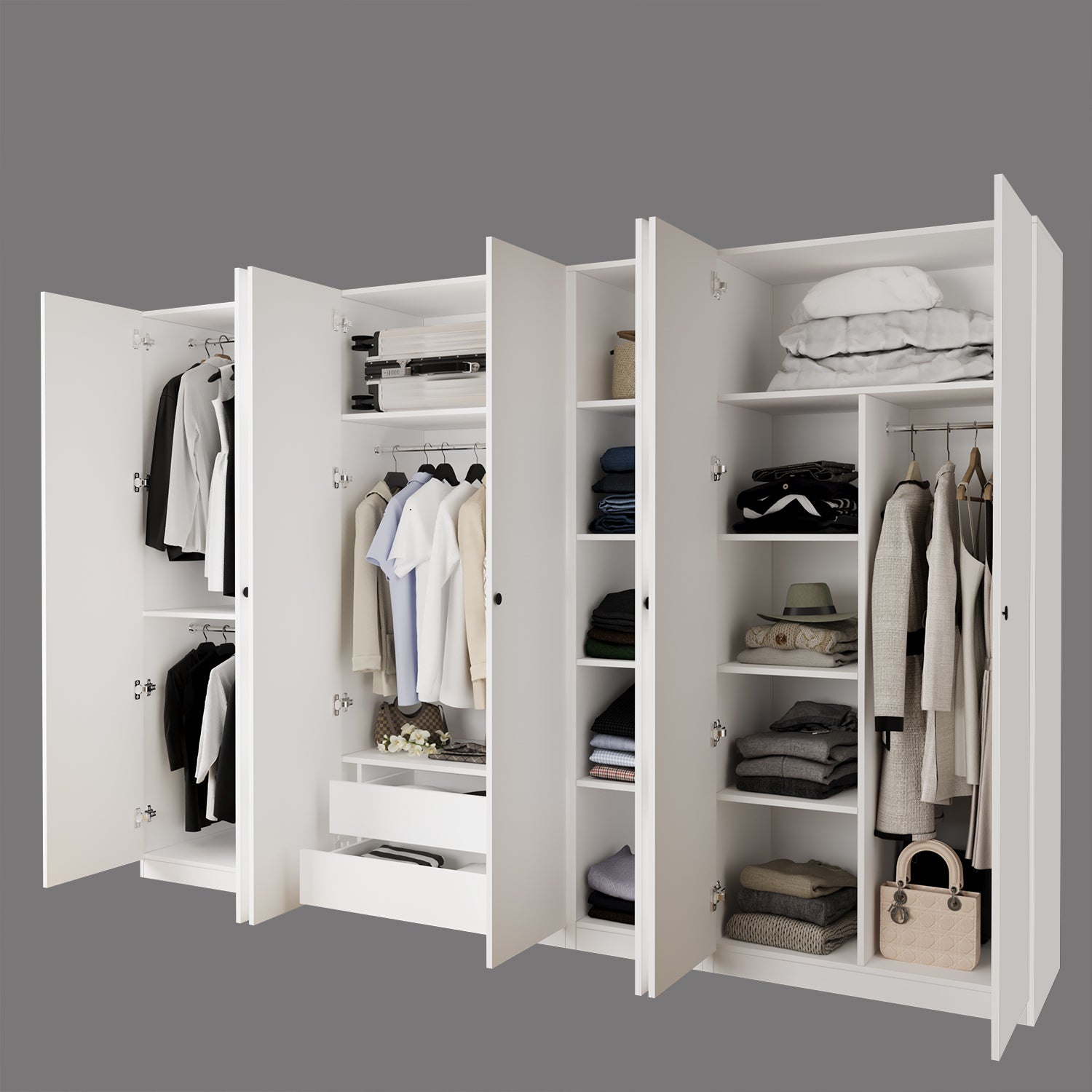 Bimossa KF20 Goss 315 cm Dörtlü, 7 Kapaklı Gardırop, 4 Askılı, 9 Raflı, 2 Üst Yüklüklü ve 2 Çekmeceli Beyaz Yatak Odası Dolabı