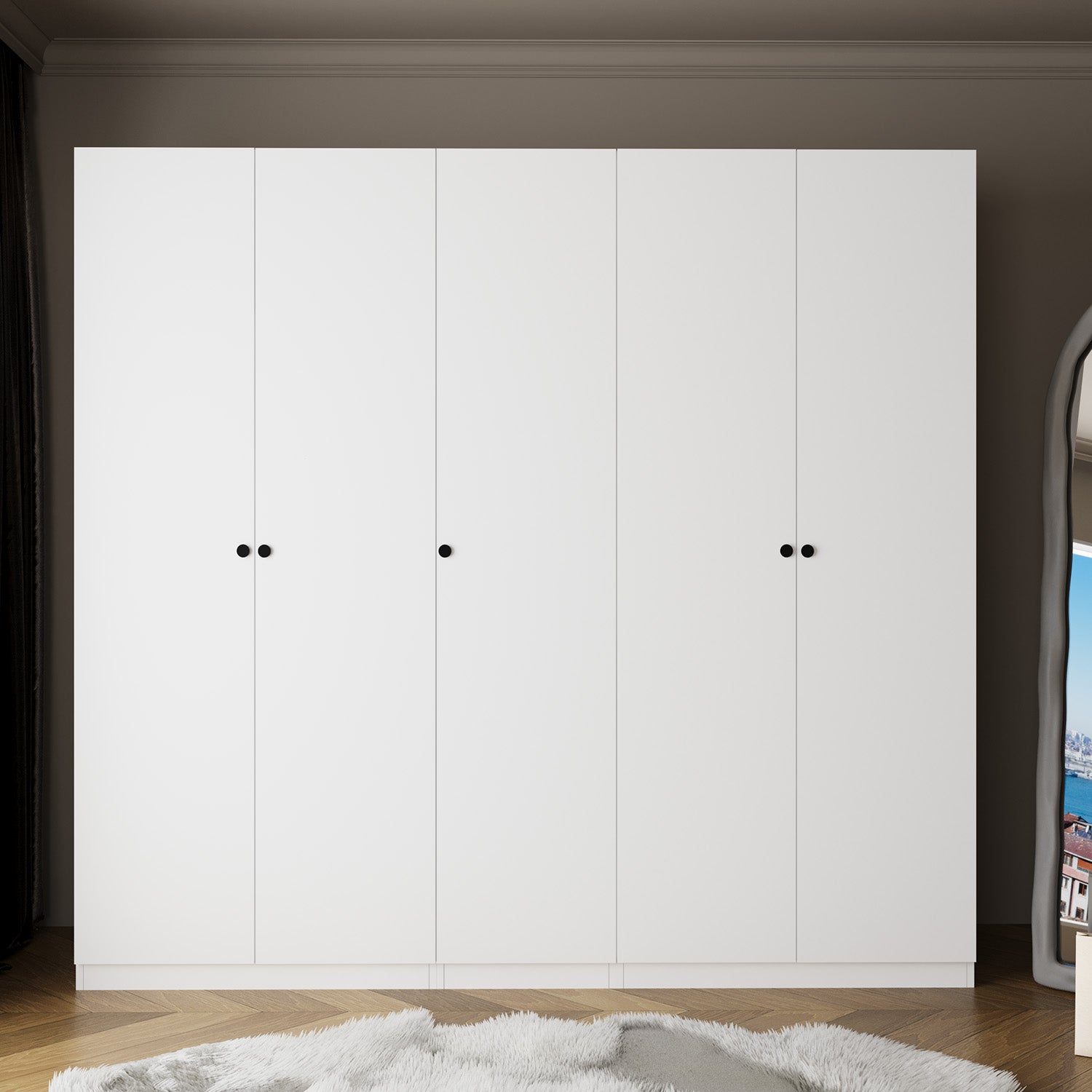 Bimossa KD80 Goss 225 cm Üçlü Dar Gardırop, 3 Askılı, 9 Raflı, Yüklüklü, 4 Kapaklı Elbise Dolabı, Beyaz Kapaklı Gardırop