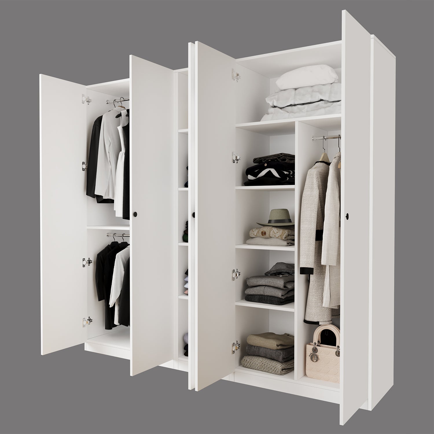 Bimossa KD80 Goss 225 cm Üçlü Dar Gardırop, 3 Askılı, 9 Raflı, Yüklüklü, 4 Kapaklı Elbise Dolabı, Beyaz Kapaklı Gardırop