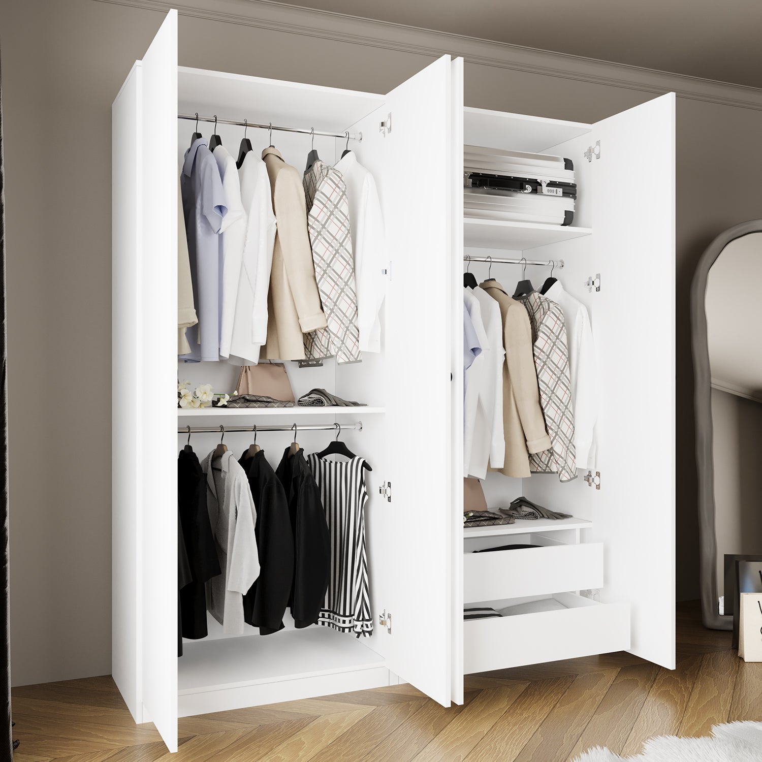 Bimossa KC80 Goss 180 cm İkili Geniş 4 Kapaklı, Askılı ve Çekmeceli Elbise Dolabı, Modern Beyaz Kapaklı Gardırop