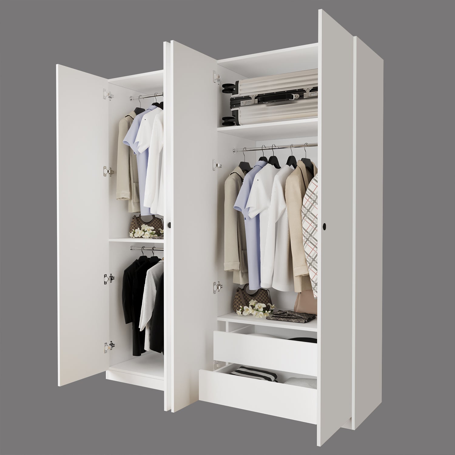 Bimossa KC80 Goss 180 cm İkili Geniş 4 Kapaklı, Askılı ve Çekmeceli Elbise Dolabı, Modern Beyaz Kapaklı Gardırop