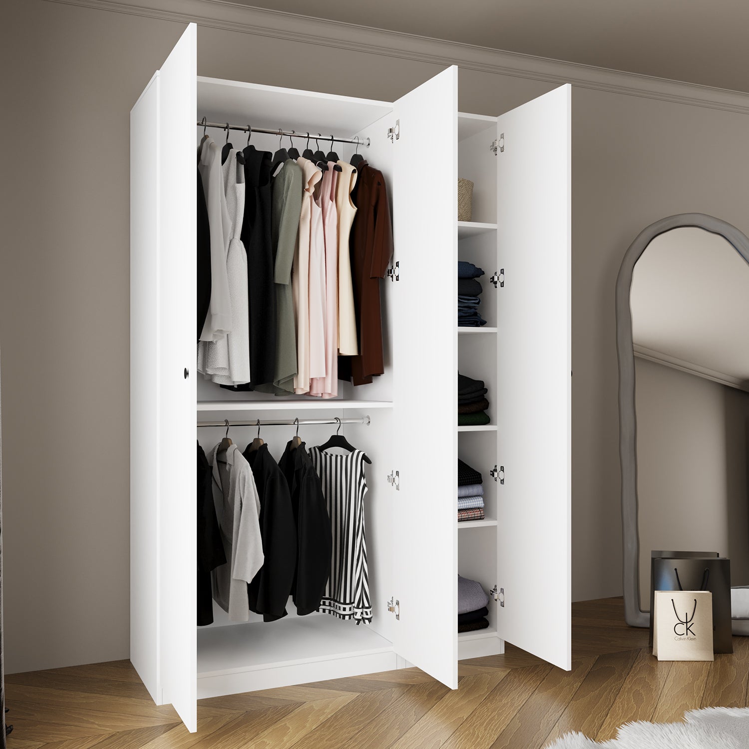 Bimossa KB80 Goss 135 cm İkili 3 Kapaklı, 2 Askılı, 5 Raflı Elbise Dolabı, Modern Beyaz Kapaklı Gardırop