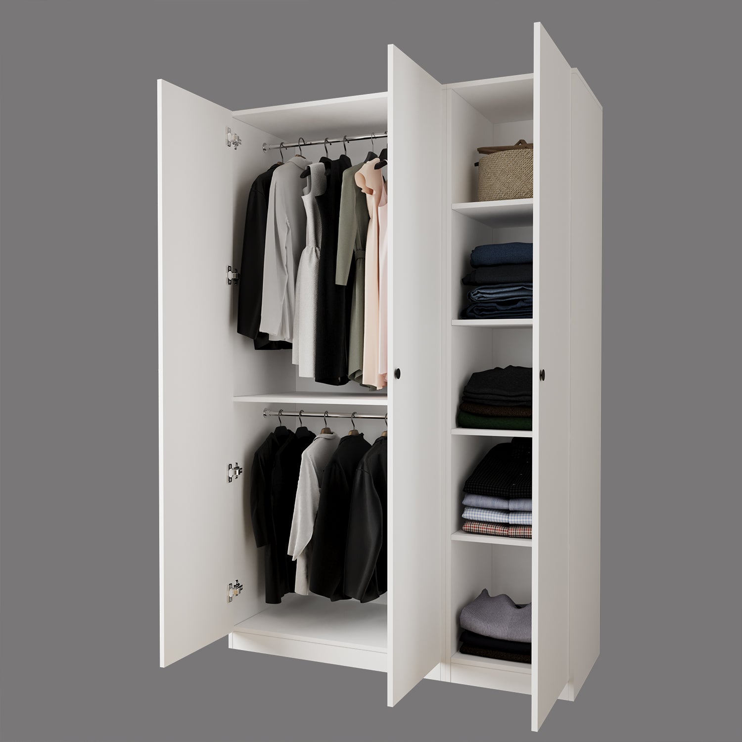 Bimossa KB80 Goss 135 cm İkili 3 Kapaklı, 2 Askılı, 5 Raflı Elbise Dolabı, Modern Beyaz Kapaklı Gardırop