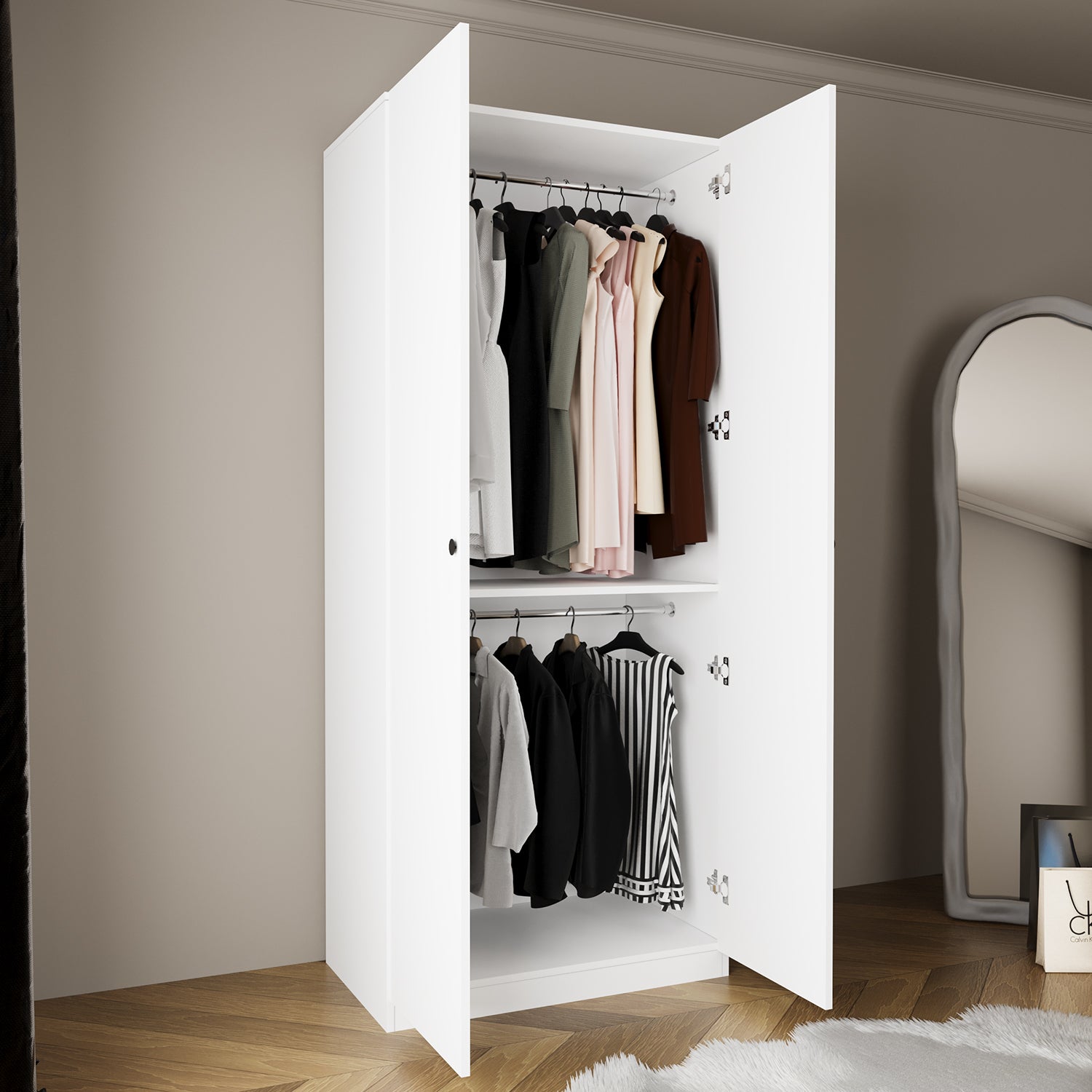Bimossa KA80 Goss Tekli 2 Kapaklı Gardırop, Alt Üst Askılı, Kulplu, Modern Tasarım Beyaz Giysi Dolabı
