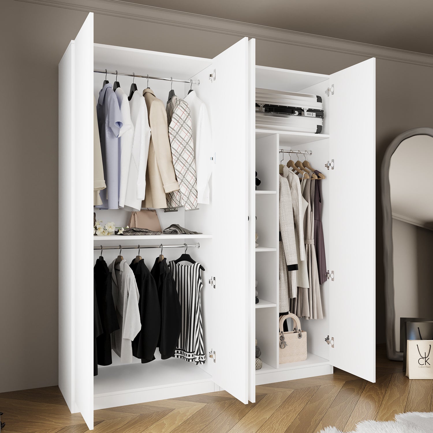 Bimossa KC40 Goss 180 cm İkili Geniş 4 Kapaklı, 3 Askılı, Yüklüklü, 4 Raflı Geniş Elbise Dolabı, Modern Beyaz Kapaklı Gardırop