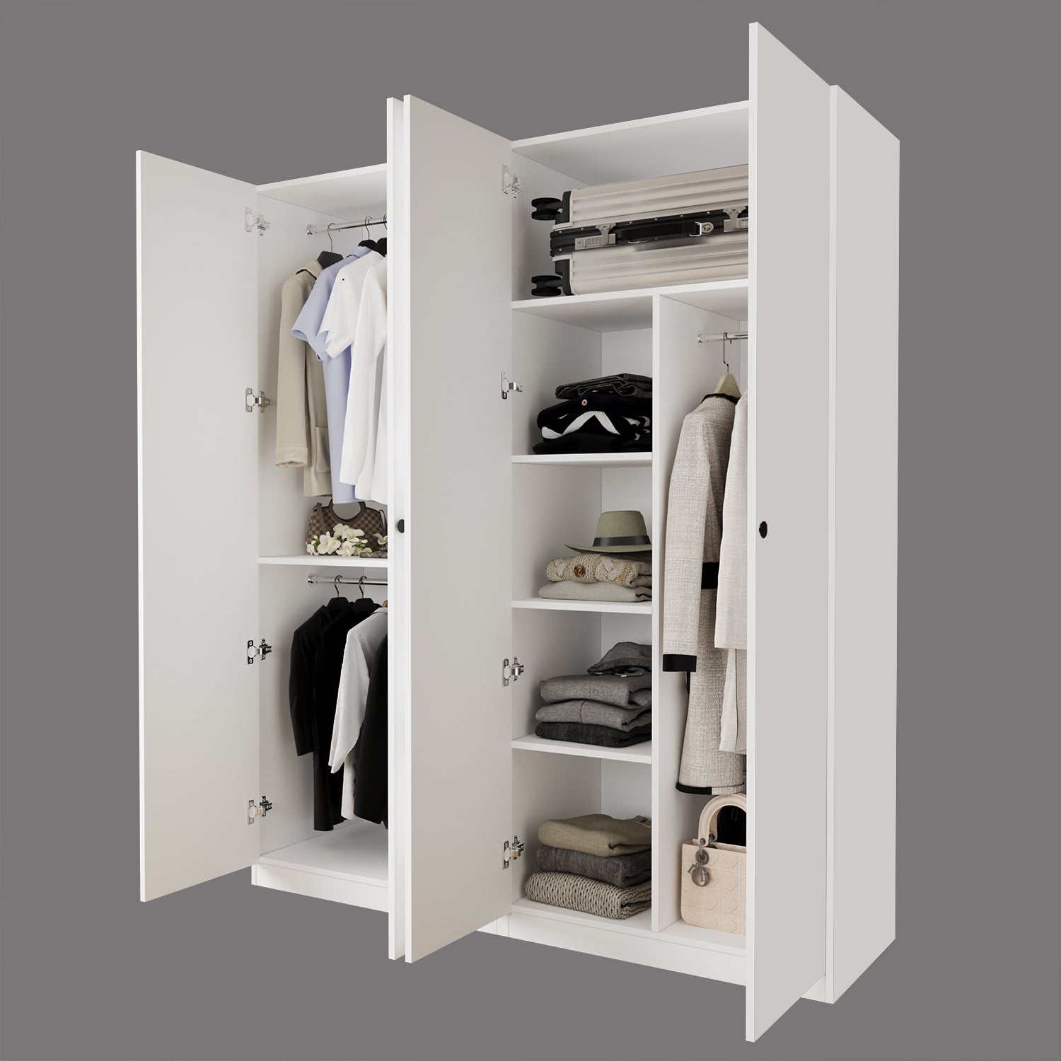 Bimossa KC40 Goss 180 cm İkili Geniş 4 Kapaklı, 3 Askılı, Yüklüklü, 4 Raflı Geniş Elbise Dolabı, Modern Beyaz Kapaklı Gardırop