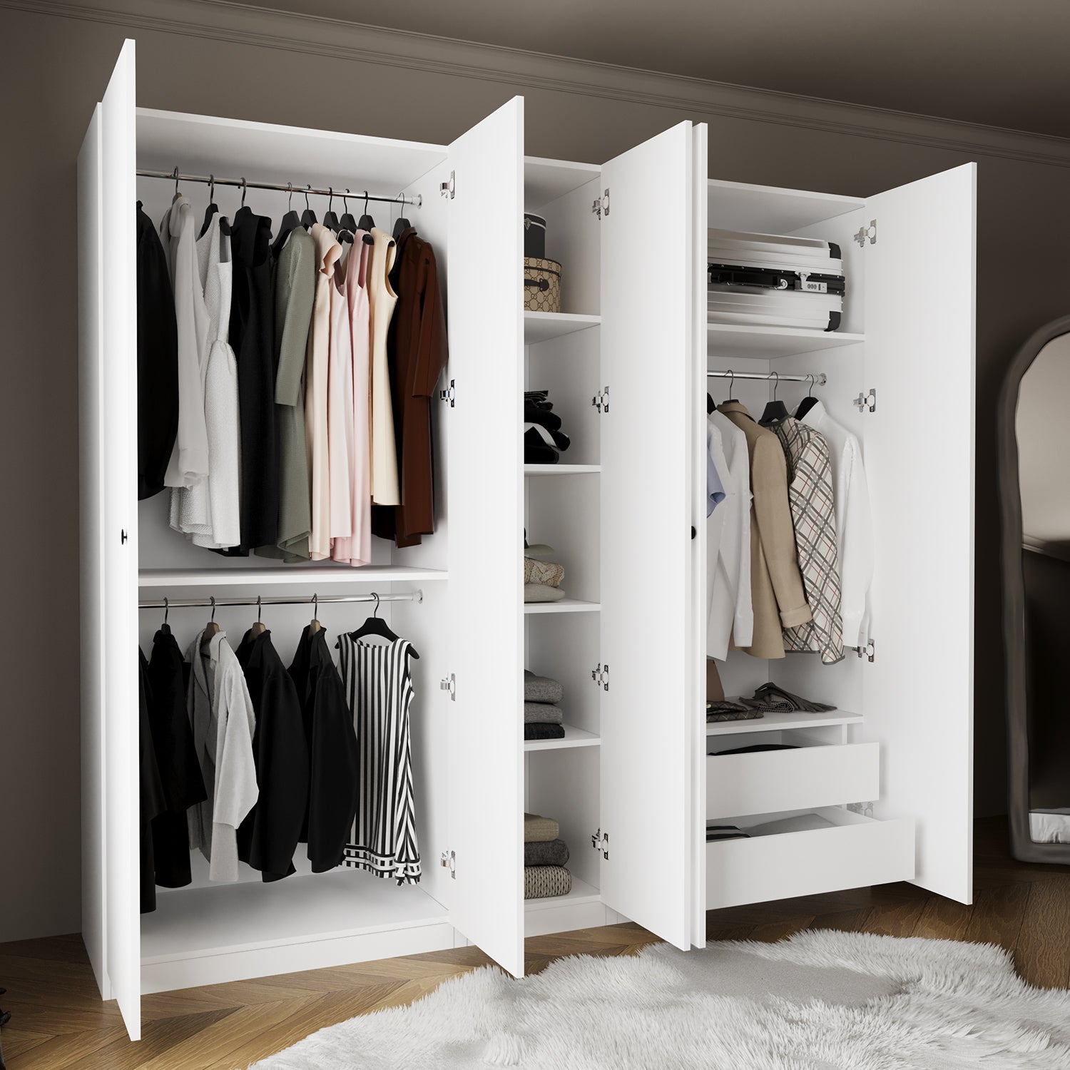 Bimossa KD60 Goss 225 cm Üçlü Dar Gardırop 4 Kapaklı, 5 Raflı, 3 Askılı ve 2 Çekmeceli Elbise Dolabı, Modern Beyaz Kapaklı Gardırop