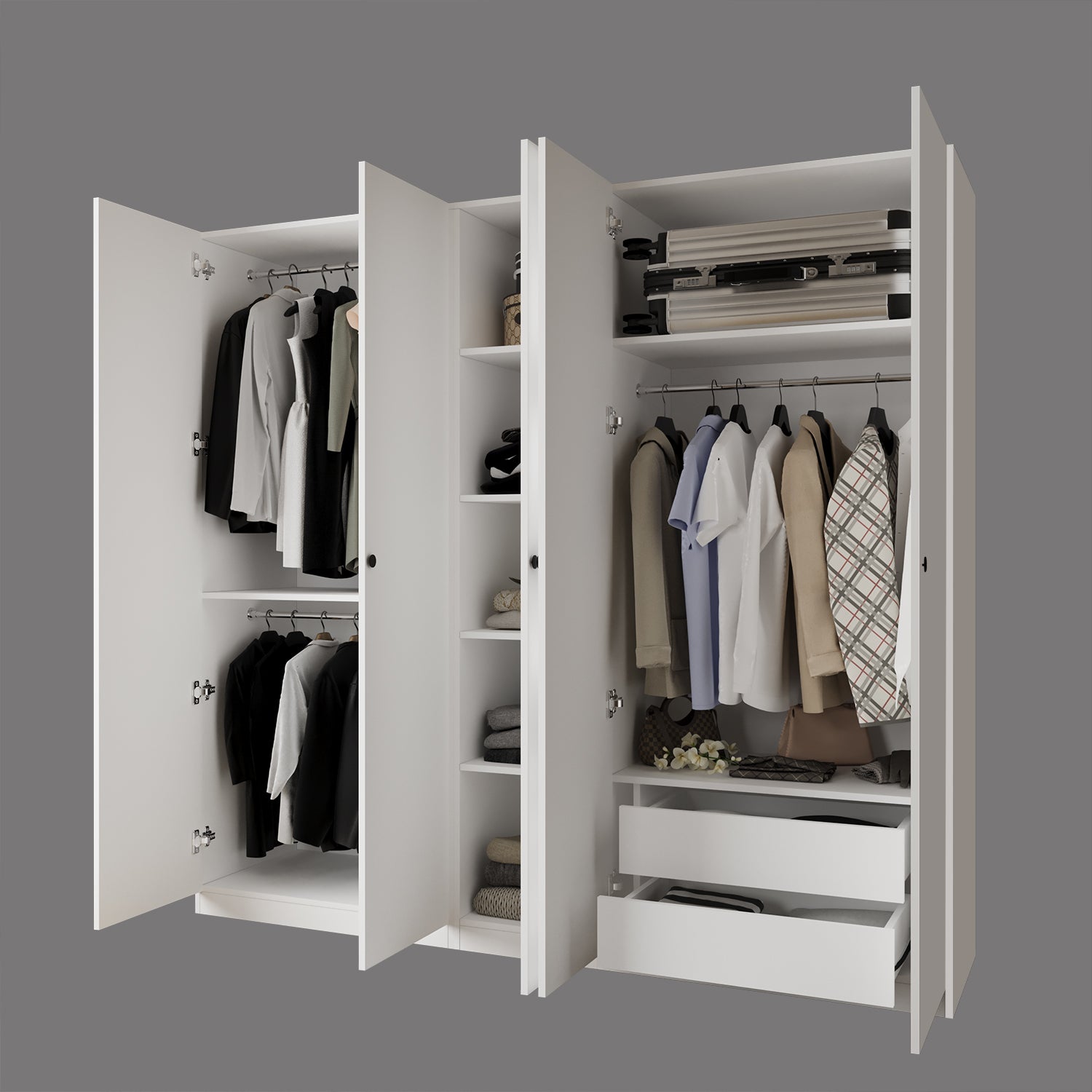 Bimossa KD60 Goss 225 cm Üçlü Dar Gardırop 4 Kapaklı, 5 Raflı, 3 Askılı ve 2 Çekmeceli Elbise Dolabı, Modern Beyaz Kapaklı Gardırop