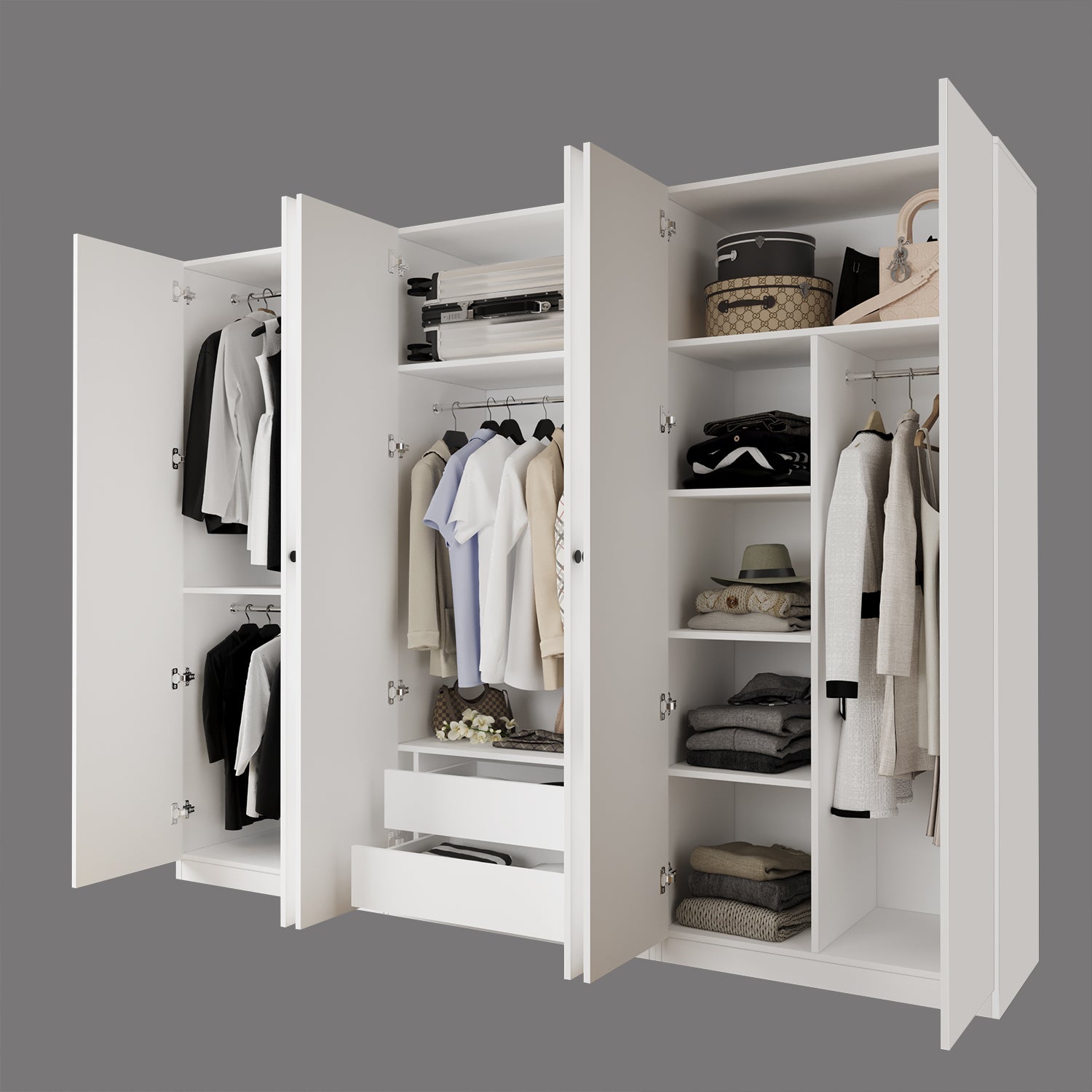 Bimossa KE40 Goss 270 cm Üçlü Geniş 2 Çekmeceli, 3 Askılı, Yüklüklü ve 4 Raflı Elbise Dolabı, Modern Beyaz 5 Kapaklı Gardırop