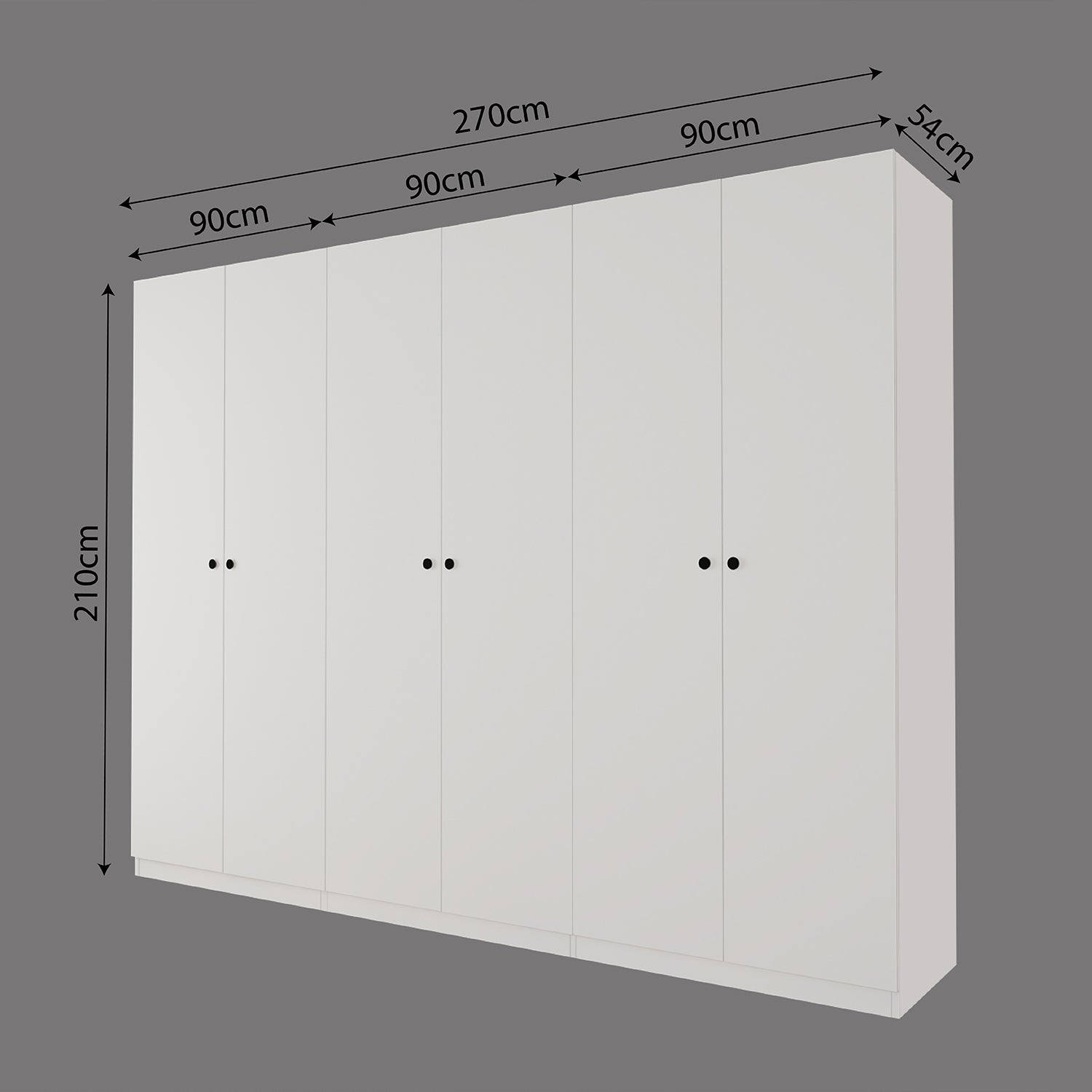 Bimossa KE40 Goss 270 cm Üçlü Geniş 2 Çekmeceli, 3 Askılı, Yüklüklü ve 4 Raflı Elbise Dolabı, Modern Beyaz 5 Kapaklı Gardırop