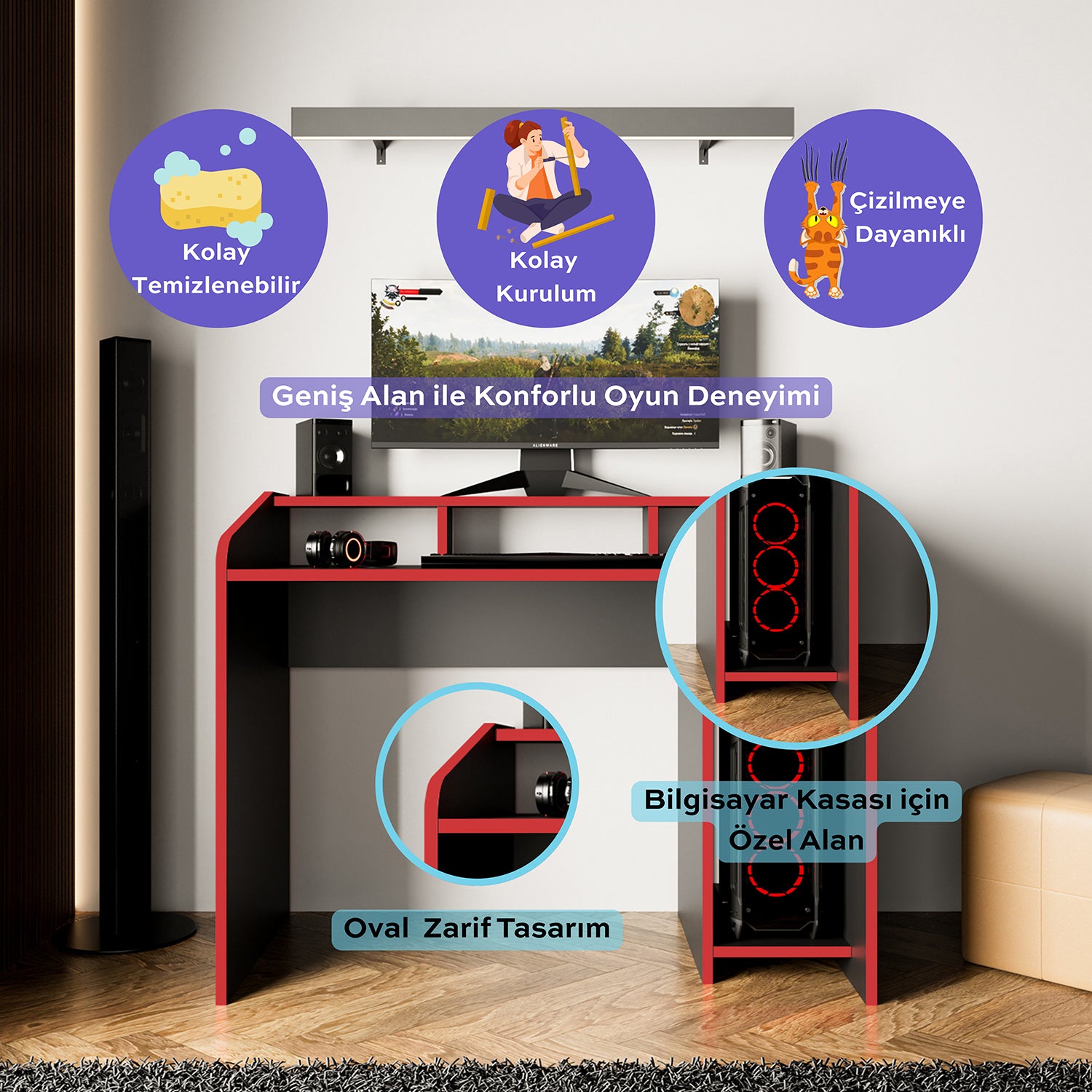 Bimossa S8380 Nova Kasalı Oyuncu & Çalışma Masası Siyah - Kırmızı 117 cm