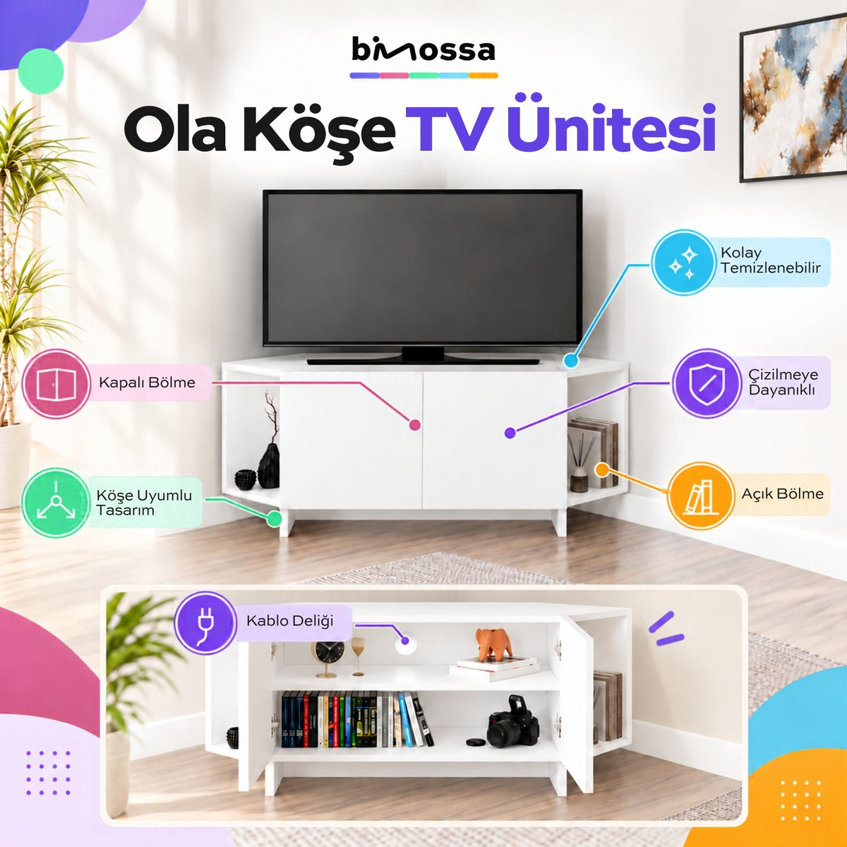 Bimossa B15 Ola Köşe Tv Ünitesi-Beyaz