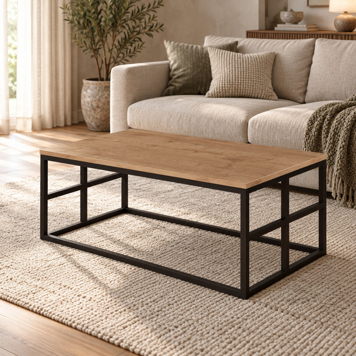 Bimossa O01 Sahara Karmen Orta Sehpa Sepet, 100 cm Siyah Metal Gövdeli Modern Dikdörtgen Salon Sehpası