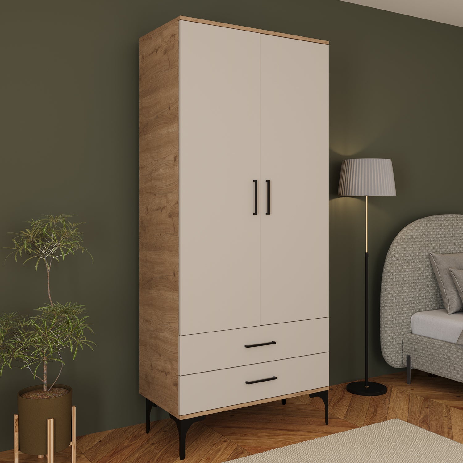 Bimossa K80 Loft 80 cm 2 Kapaklı 2 Çekmeceli Gardırop, Askılı Kapaklı Elbise Dolabı, Aynasız Modern Gardırop