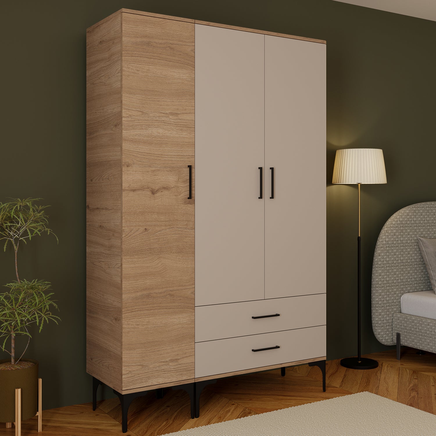 Bimossa K90 Loft 120 cm 3 Kapaklı 2 Çekmeceli Gardırop, Askılı Raflı Elbise Dolabı, Modern Kapaklı Aynasız Gardırop