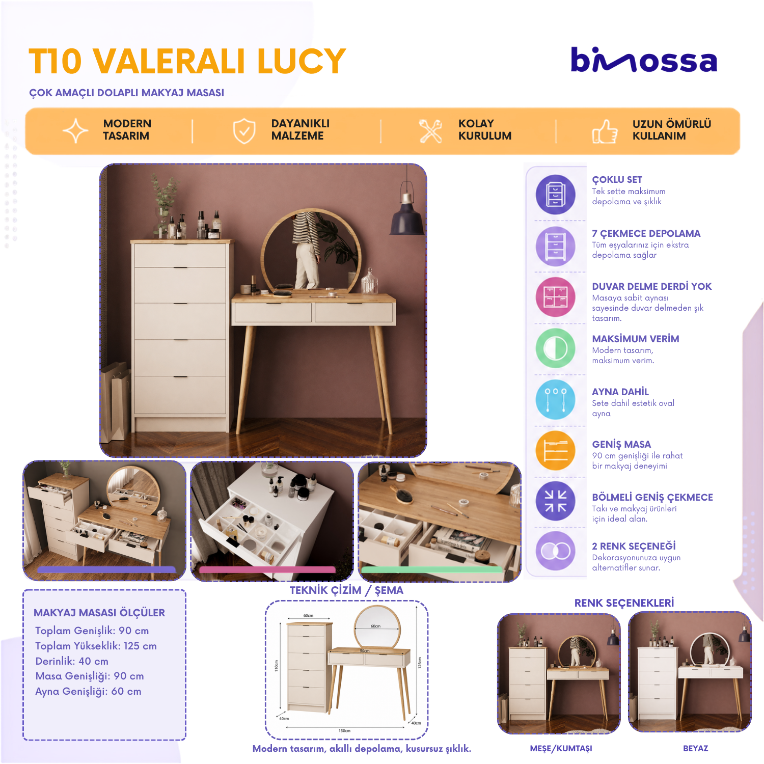 Bimossa T10 Geniş Dolaplı Lucy Makyaj Masası Seti - Yuvarlak Aynalı ve Geniş 5 Çekmeceli