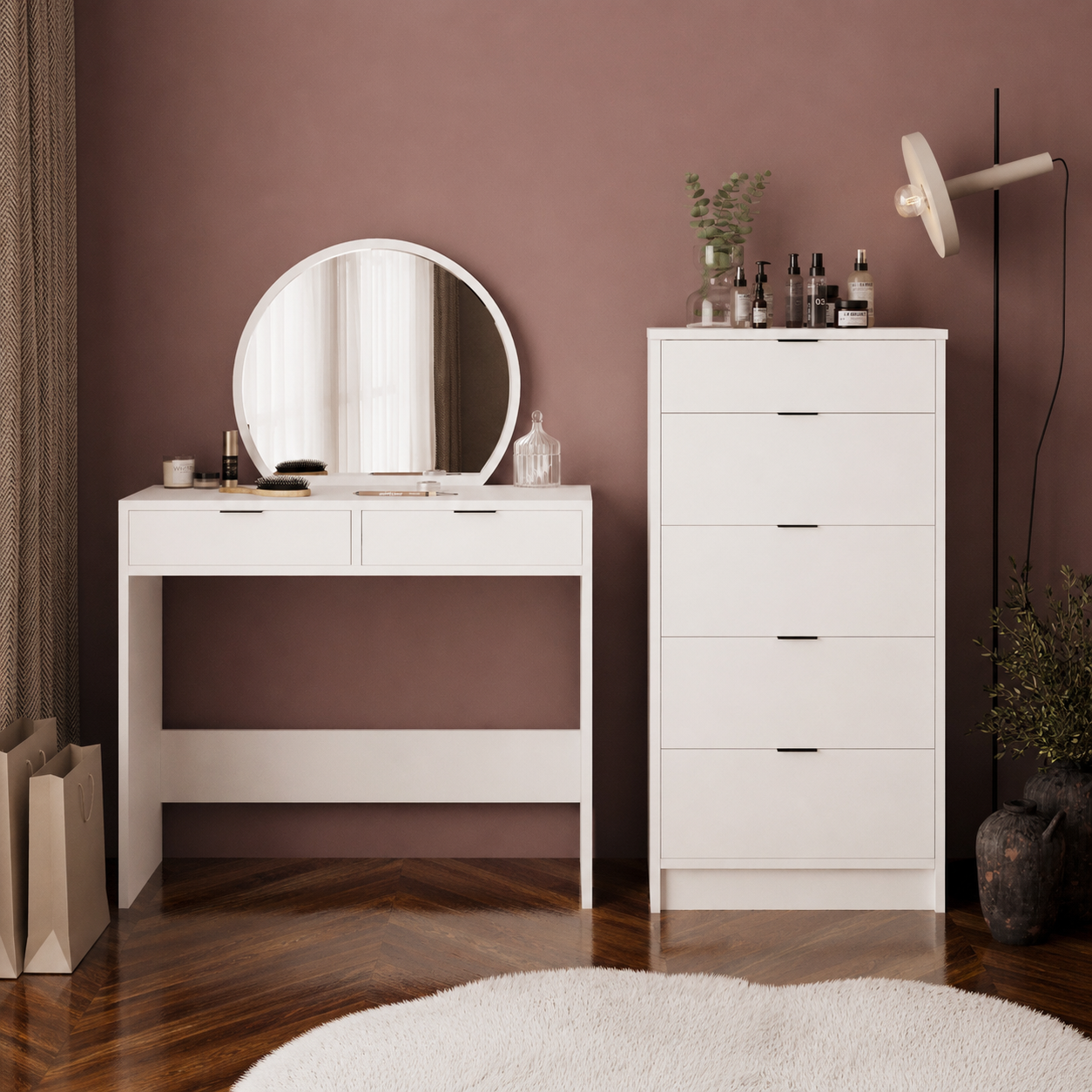 Bimossa T20 Geniş Dolaplı Flora Makyaj Masası Seti - Oval Aynalı ve Geniş 5 Çekmeceli