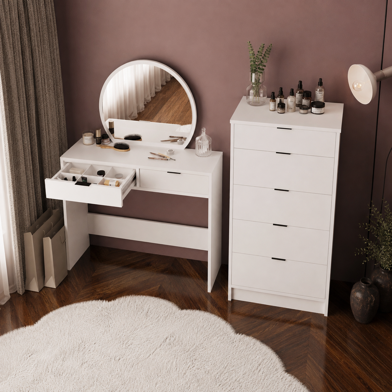 Bimossa T20 Geniş Dolaplı Flora Makyaj Masası Seti - Oval Aynalı ve Geniş 5 Çekmeceli