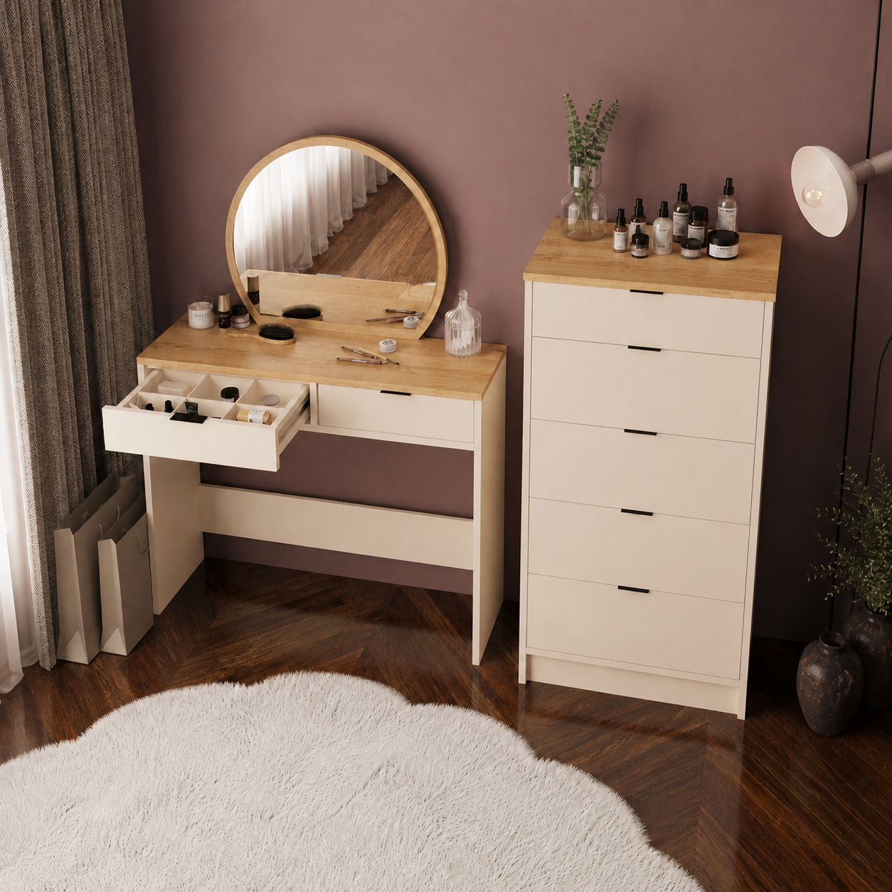 Bimossa T20 Geniş Dolaplı Flora Makyaj Masası Seti - Oval Aynalı ve Geniş 5 Çekmeceli