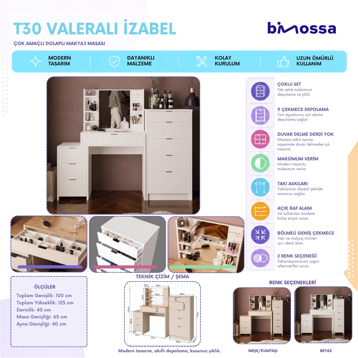 Bimossa T30 Geniş Dolaplı İzabel Makyaj Masası Seti - Aynalı, Raflı ve Geniş 5 Çekmeceli